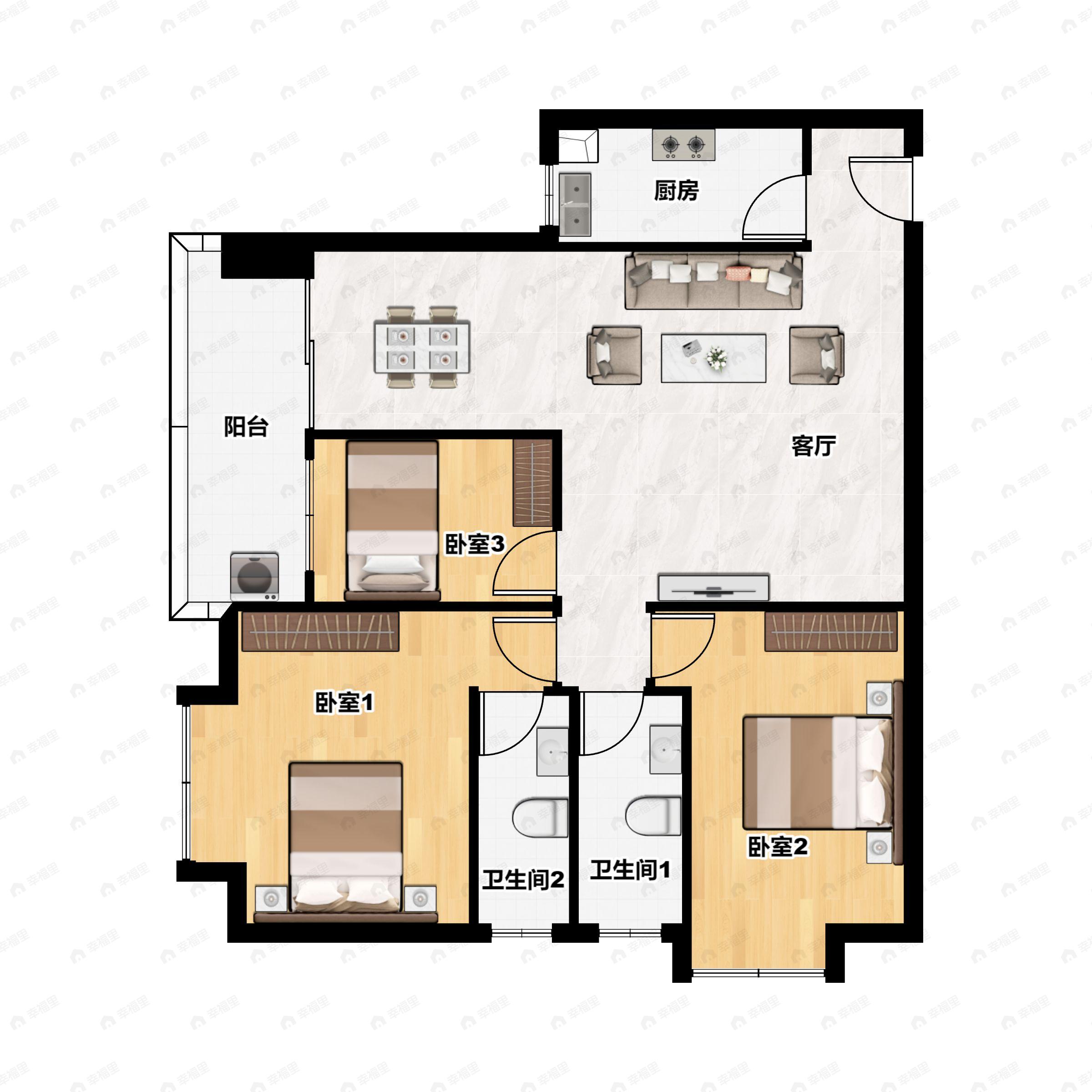 3室2厅2卫建面108平户型图