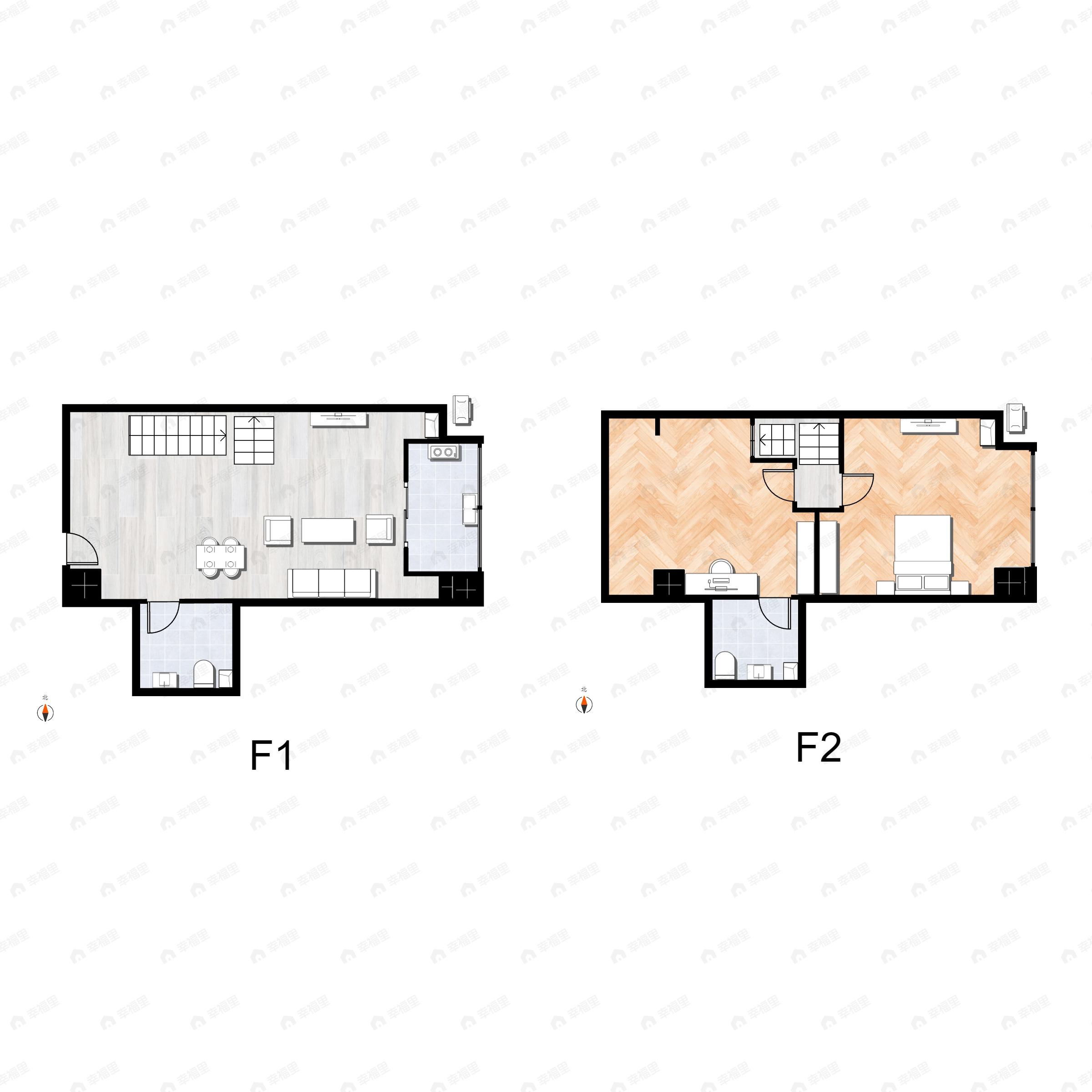 2室1厅2卫建面50m²东|西户型图