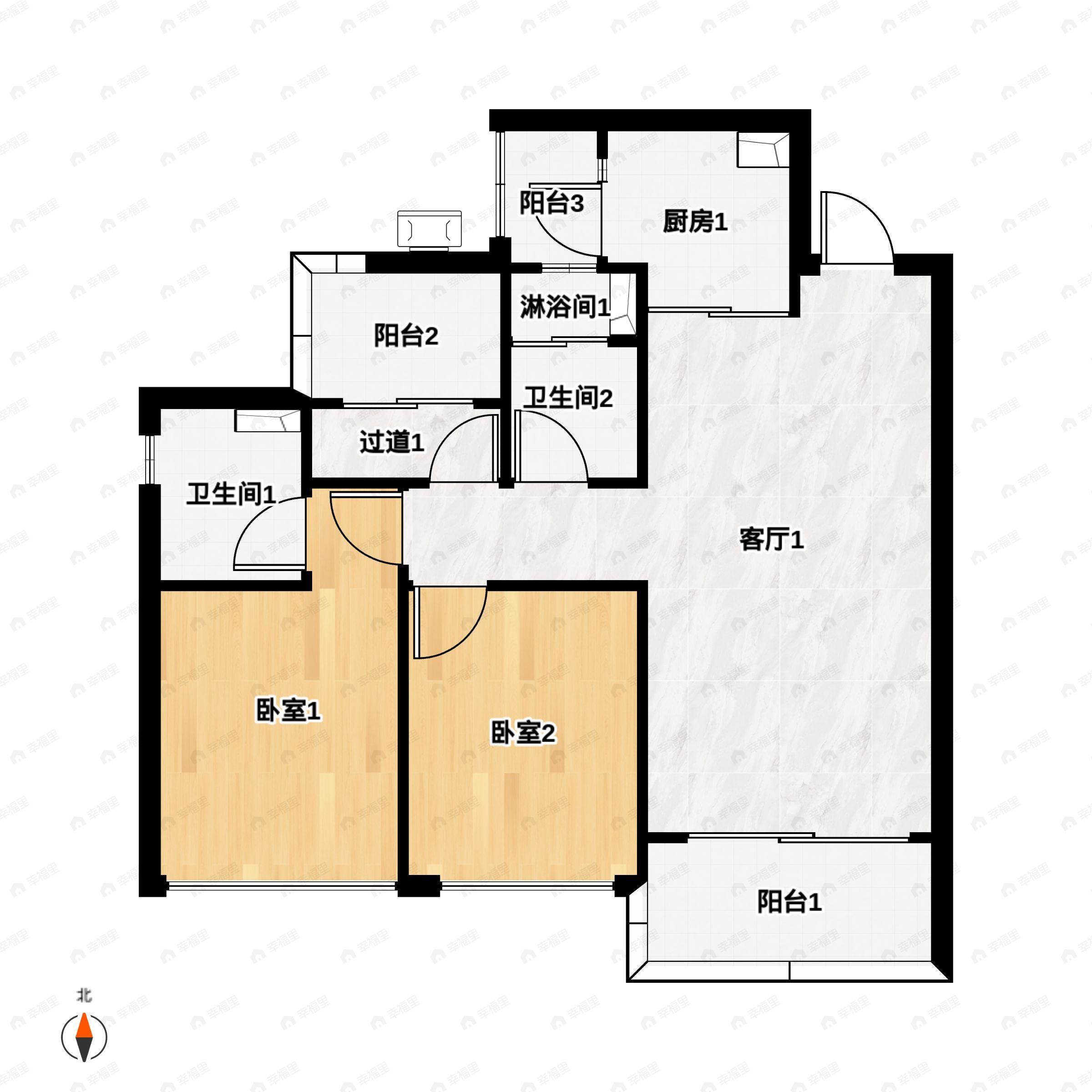 2室2厅2卫建面89平南户型图