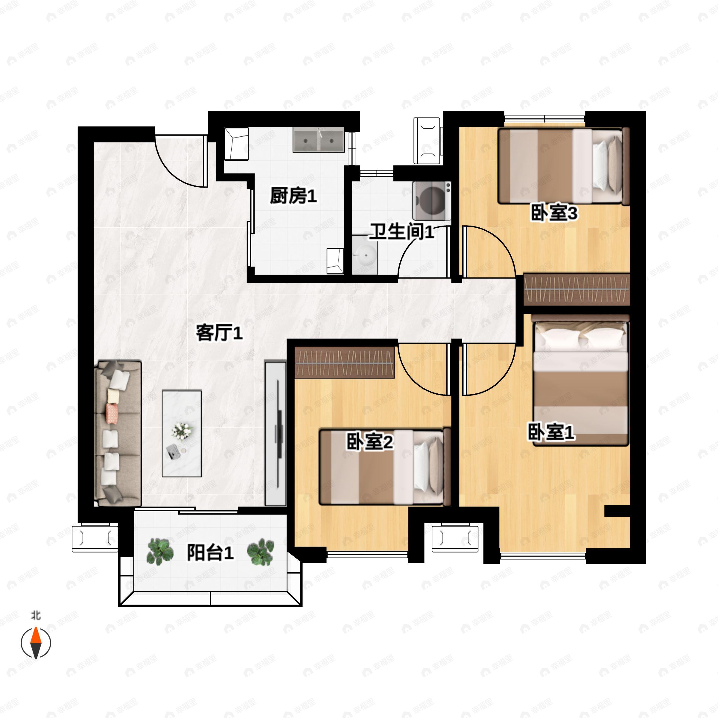 3室2厅1卫建面94平户型图