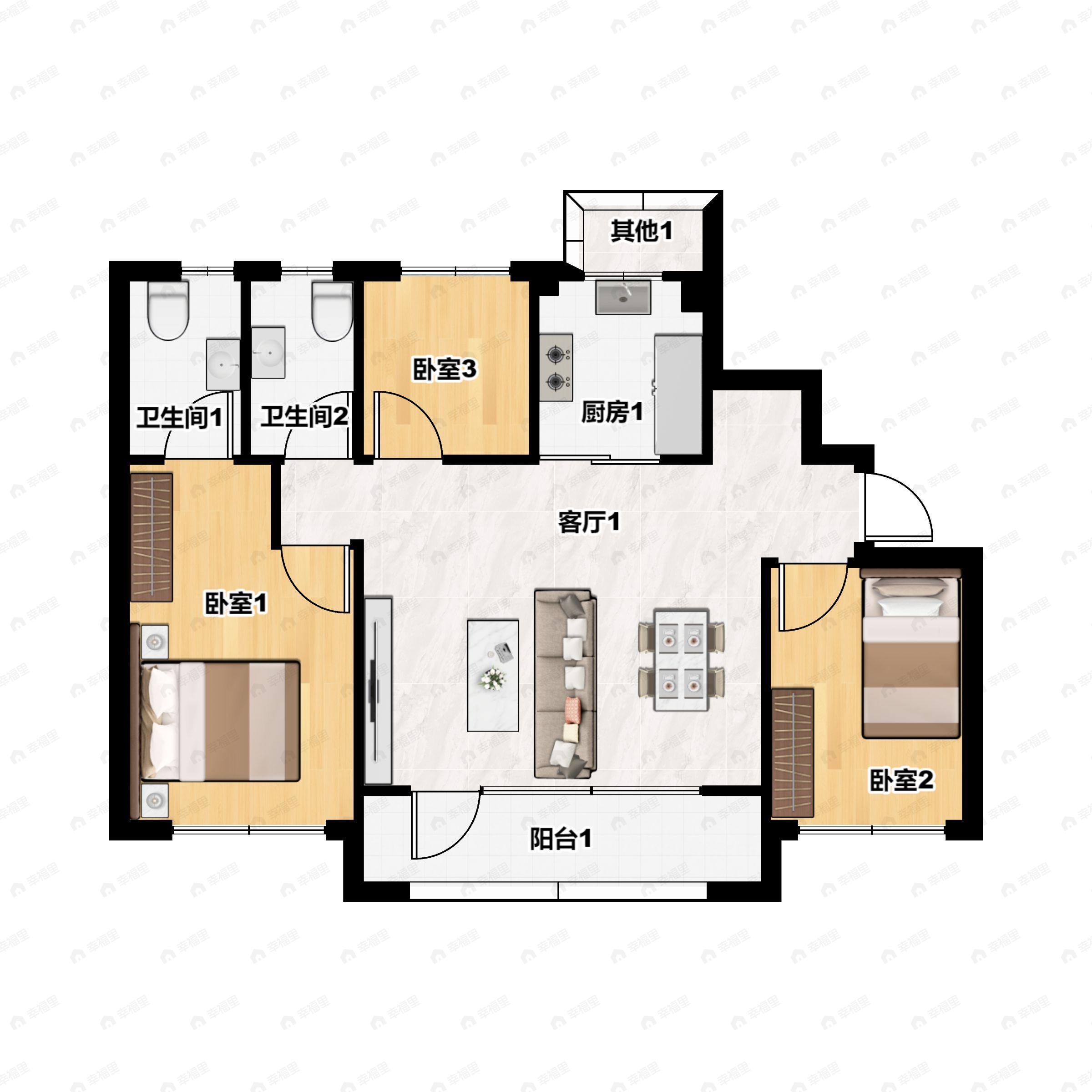 3室2厅2卫建面98平南|北户型图