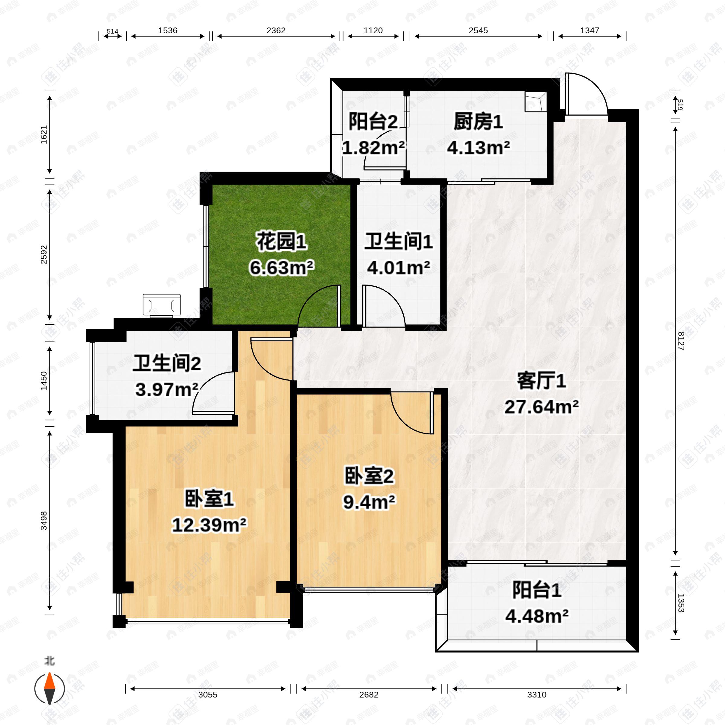 2室2厅2卫建面95m²南户型图