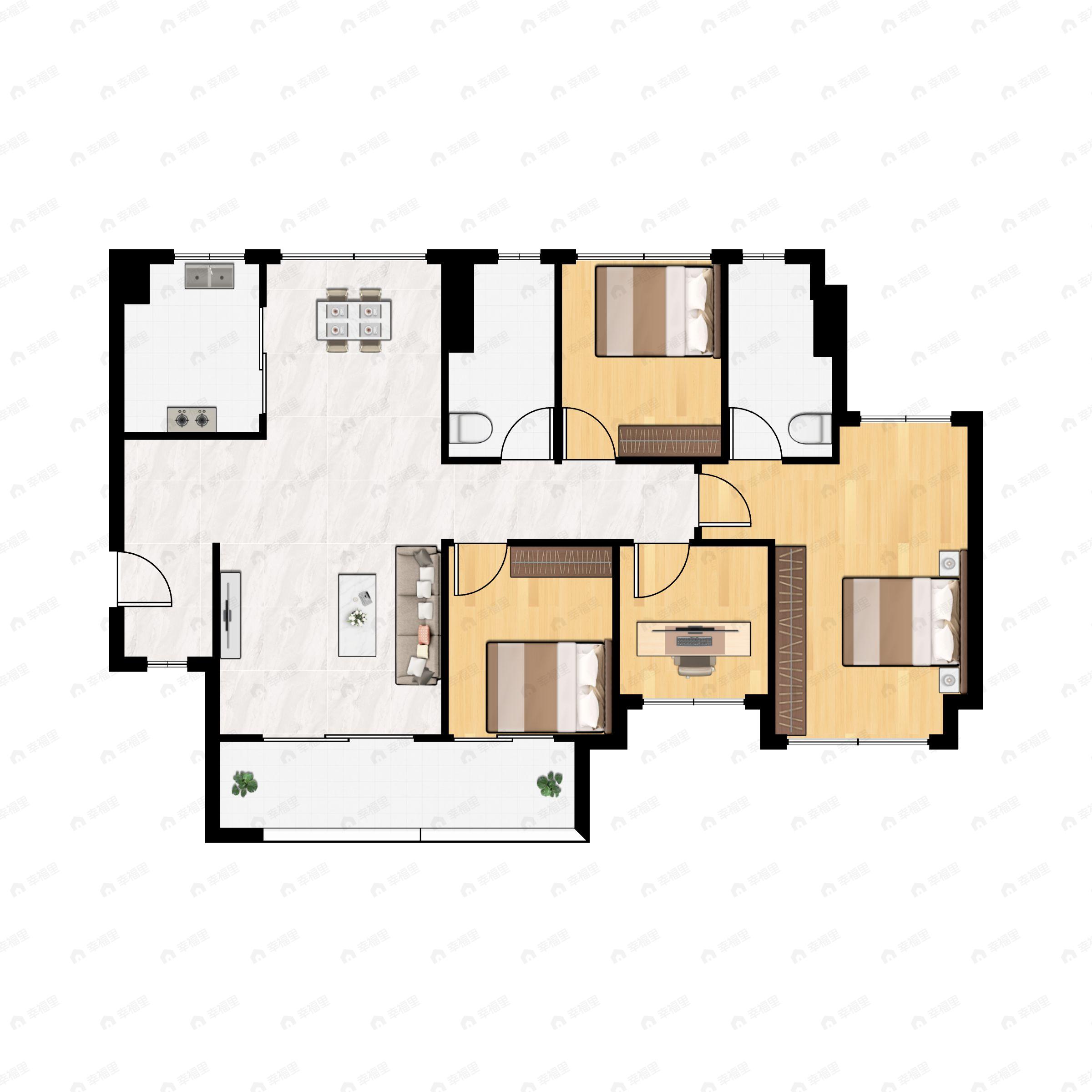 3室2厅2卫建面105平南户型图