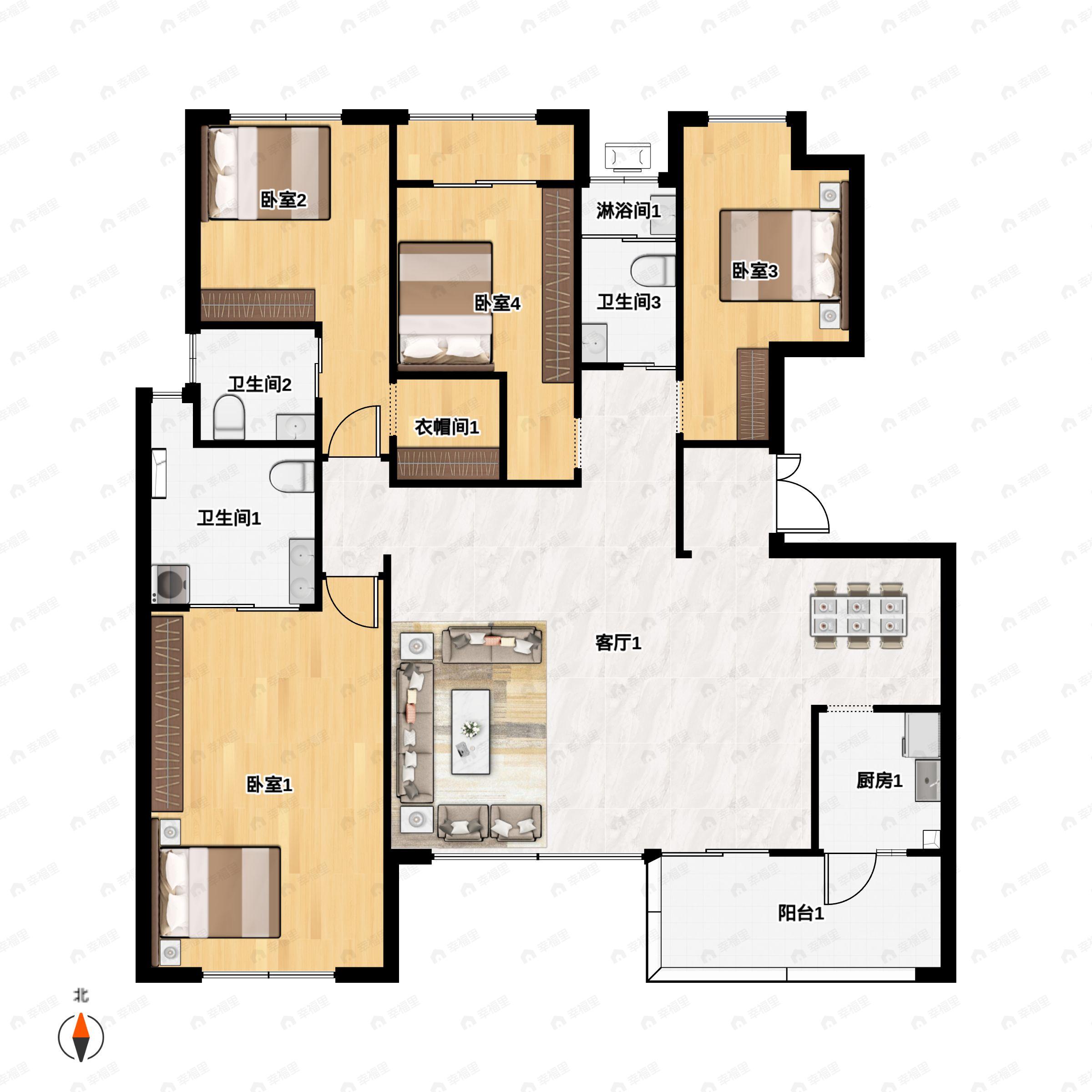 4室2厅3卫建面184m²南户型图