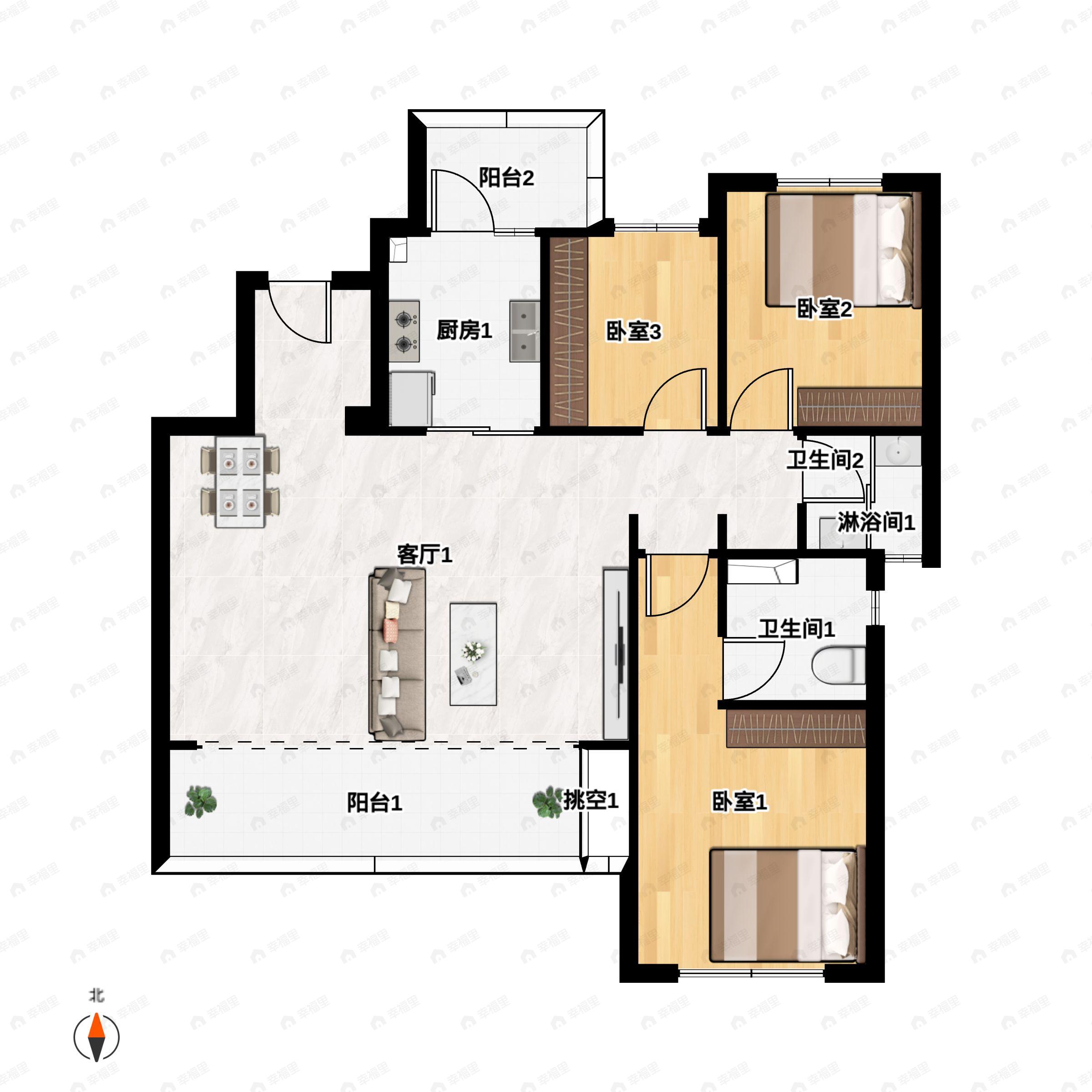 3室2厅2卫建面97m²南户型图