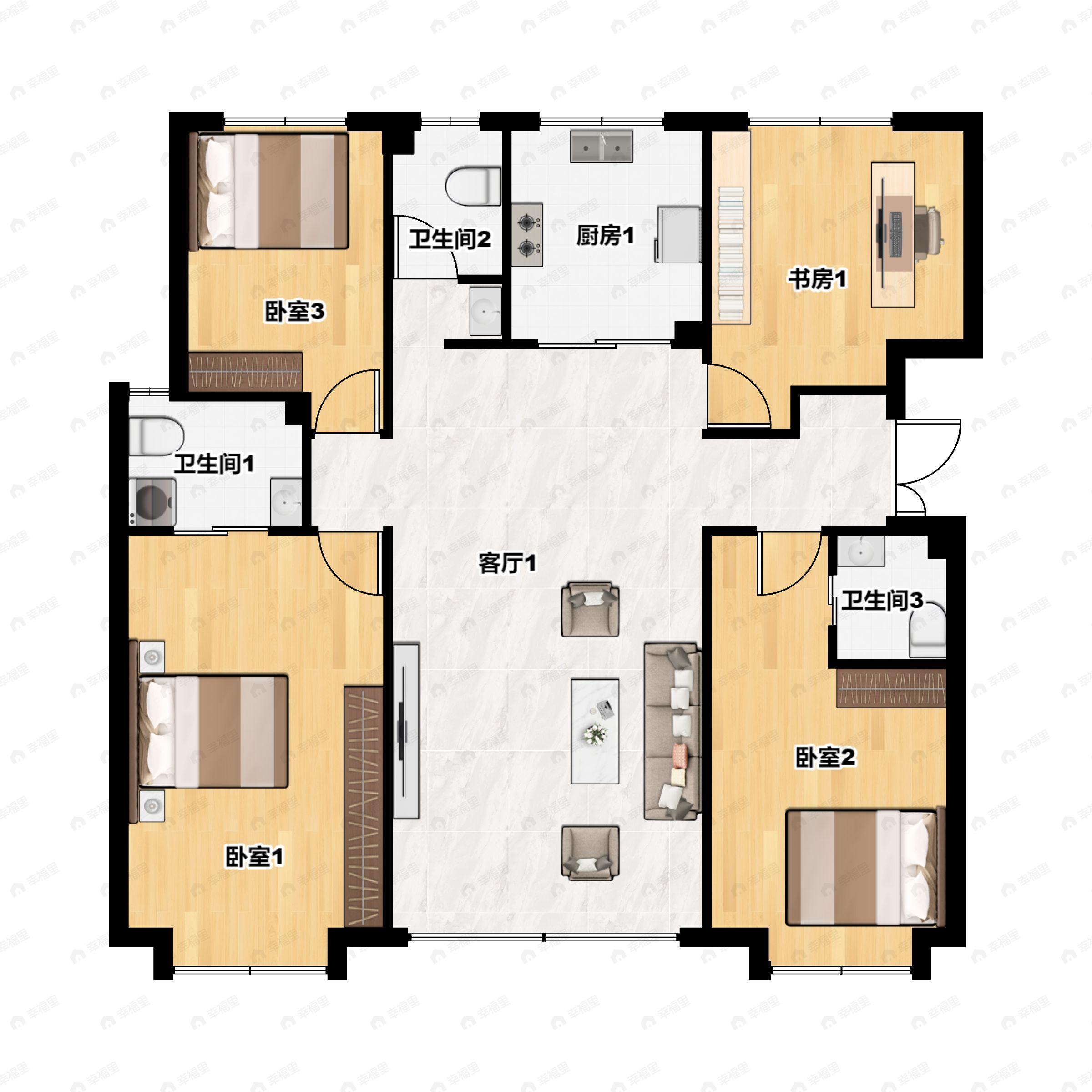 4室2厅3卫建面160平北|南户型图