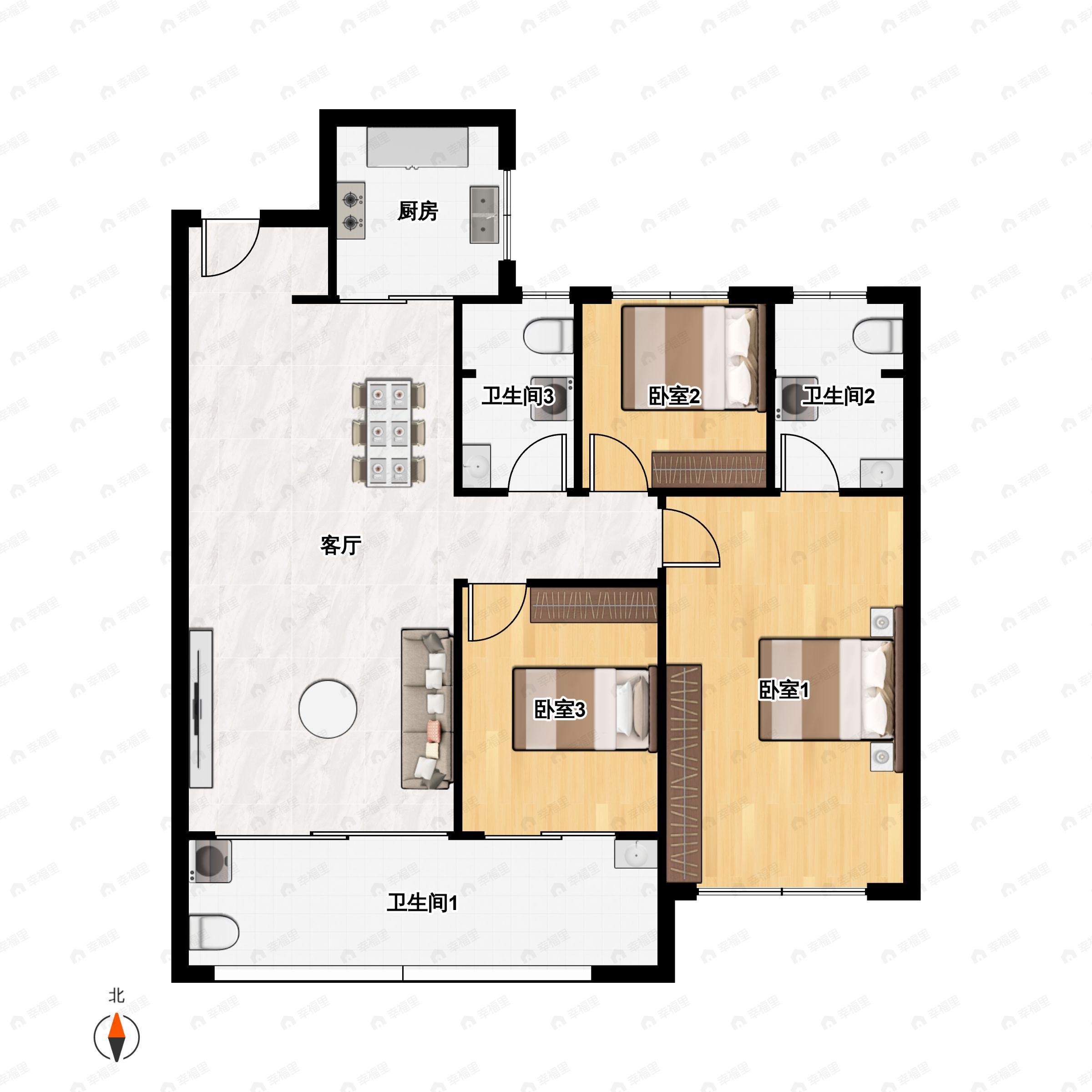 3室2厅2卫建面108m²南户型图
