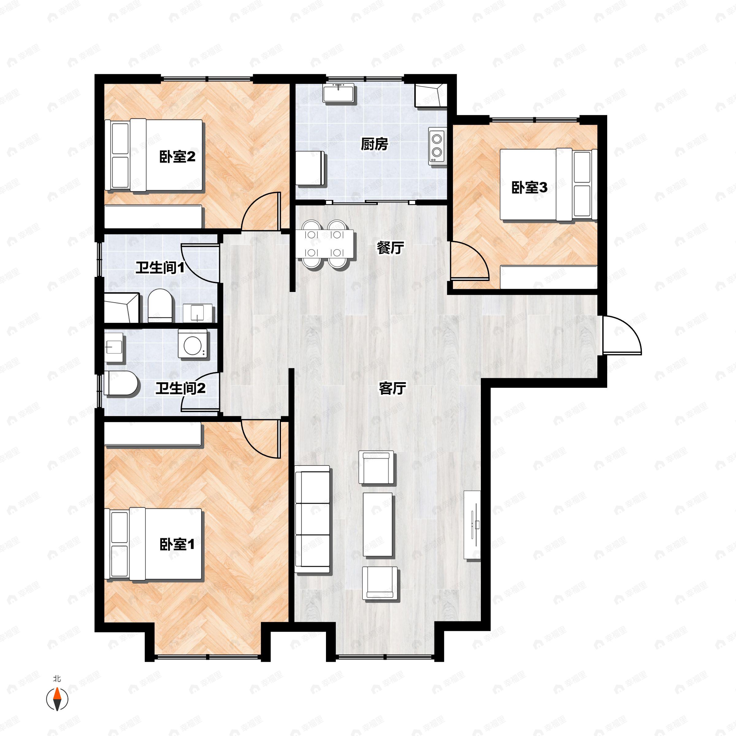 3室2厅2卫建面90平户型图