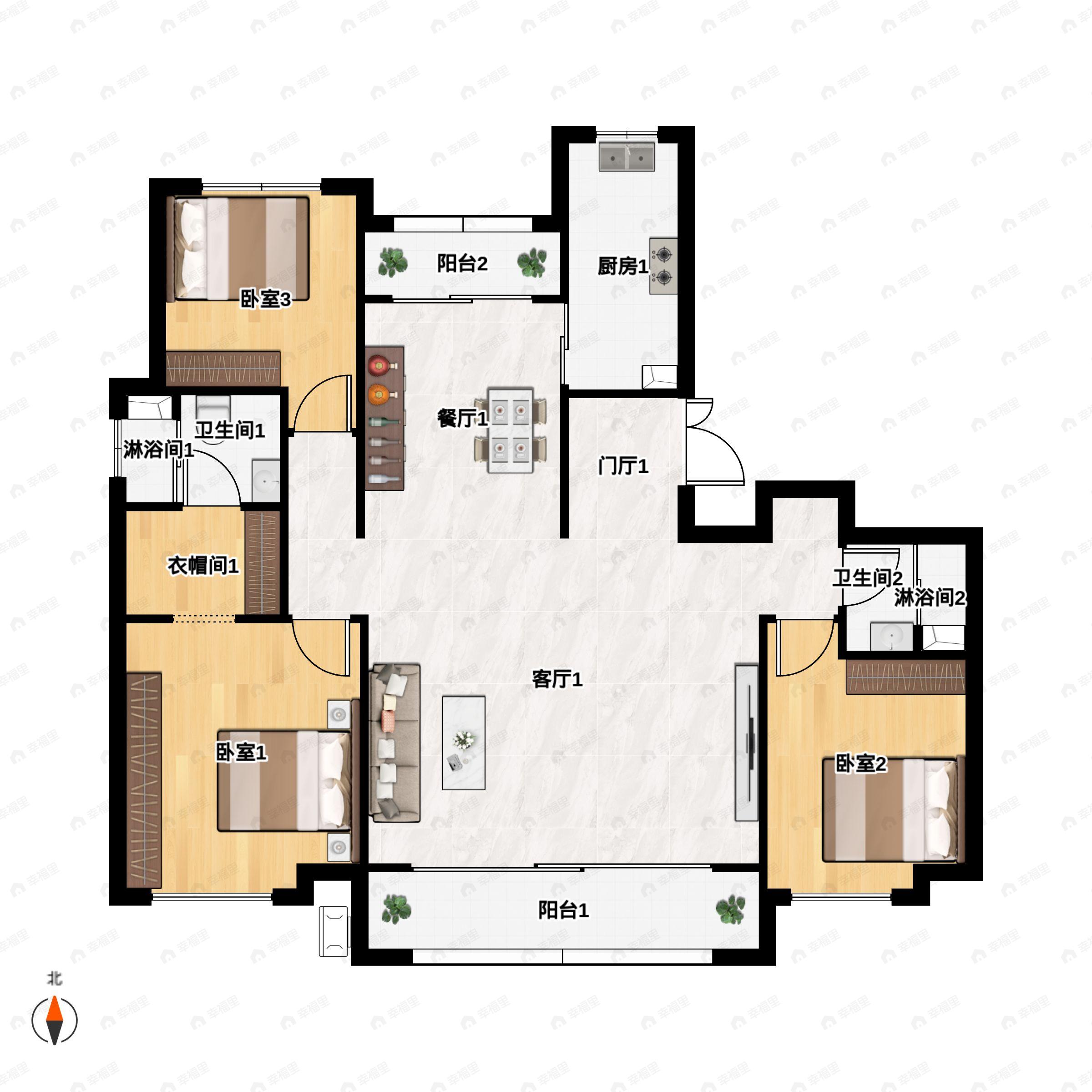 3室2厅2卫建面147平南|北户型图