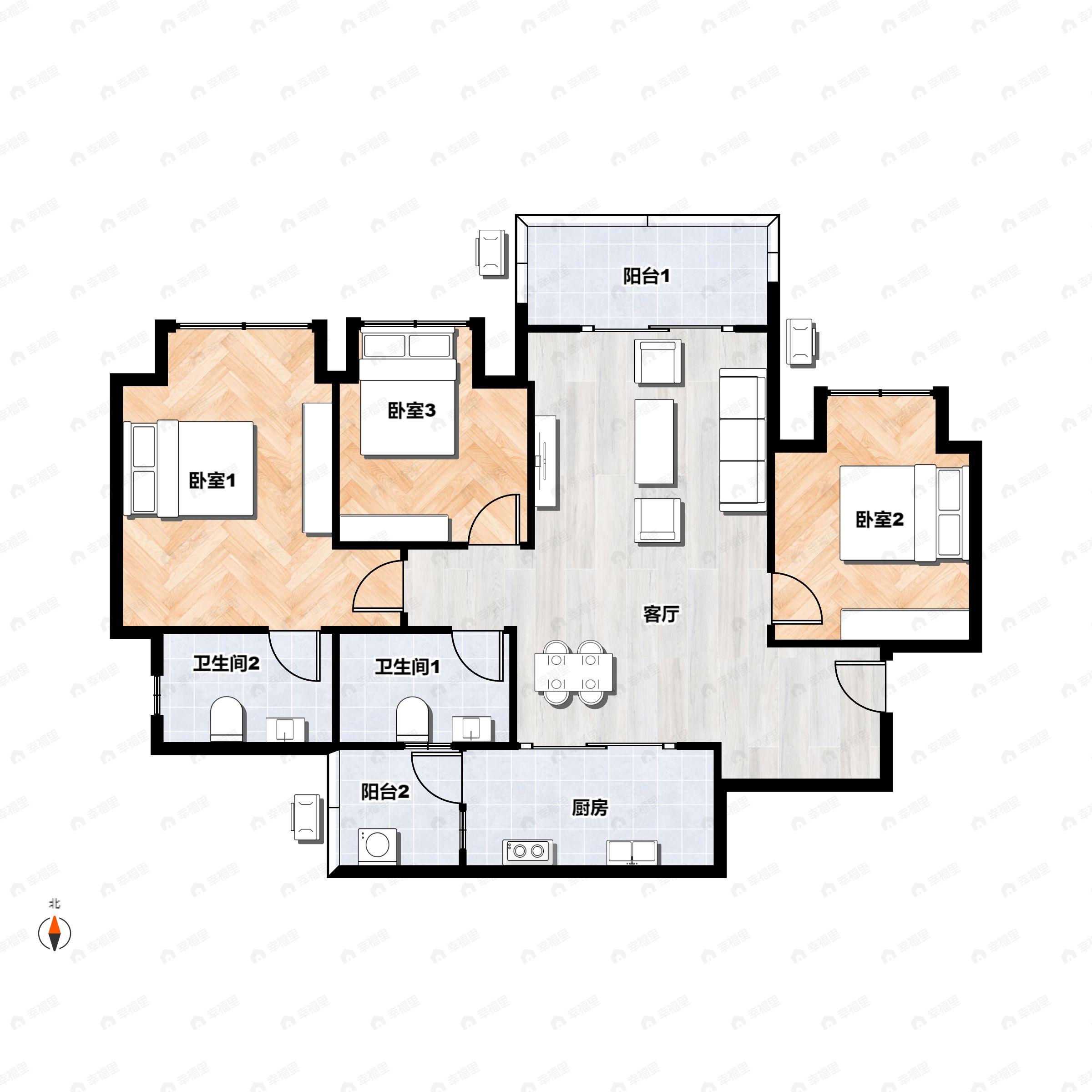3室2厅2卫建面87平户型图