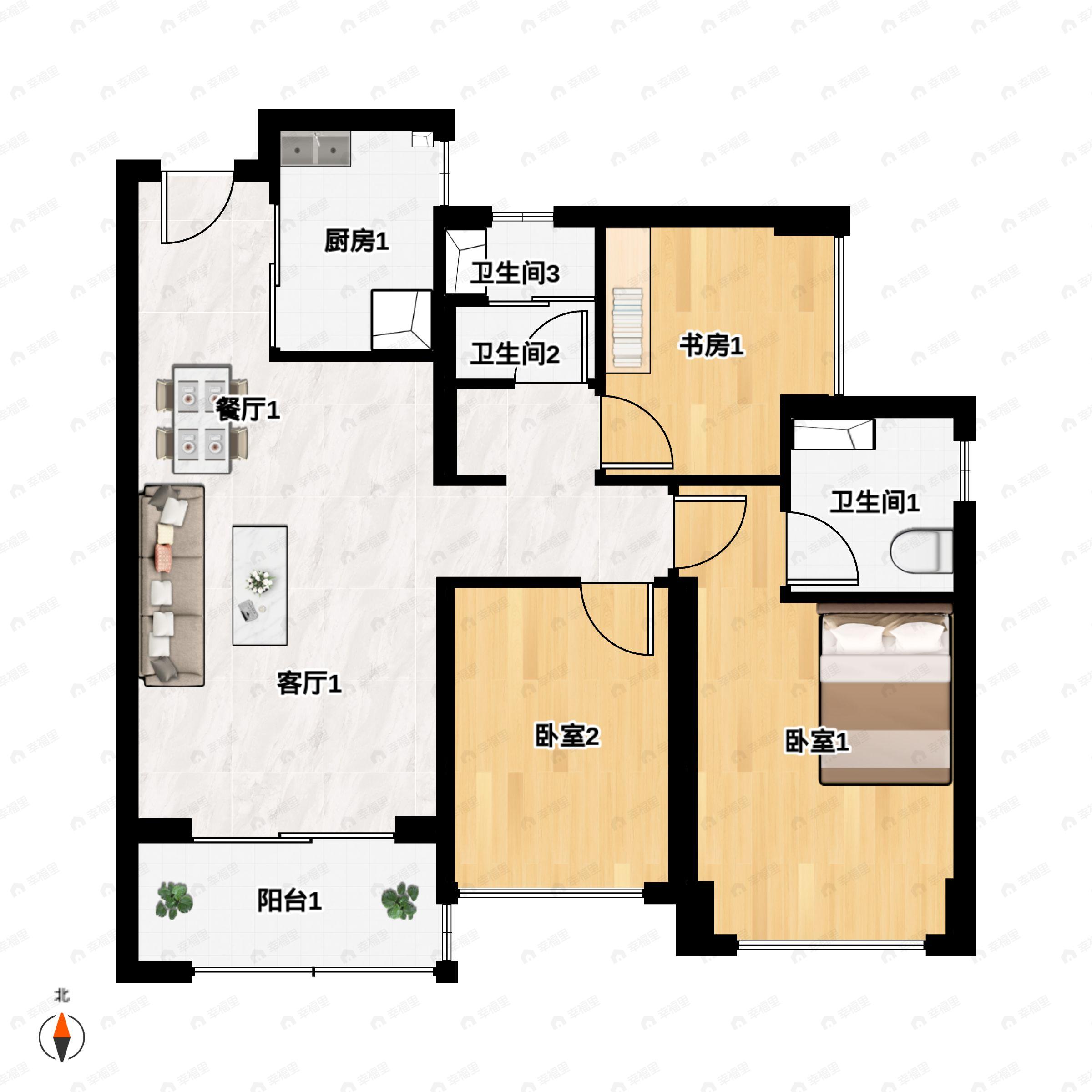 3室2厅2卫建面95平户型图