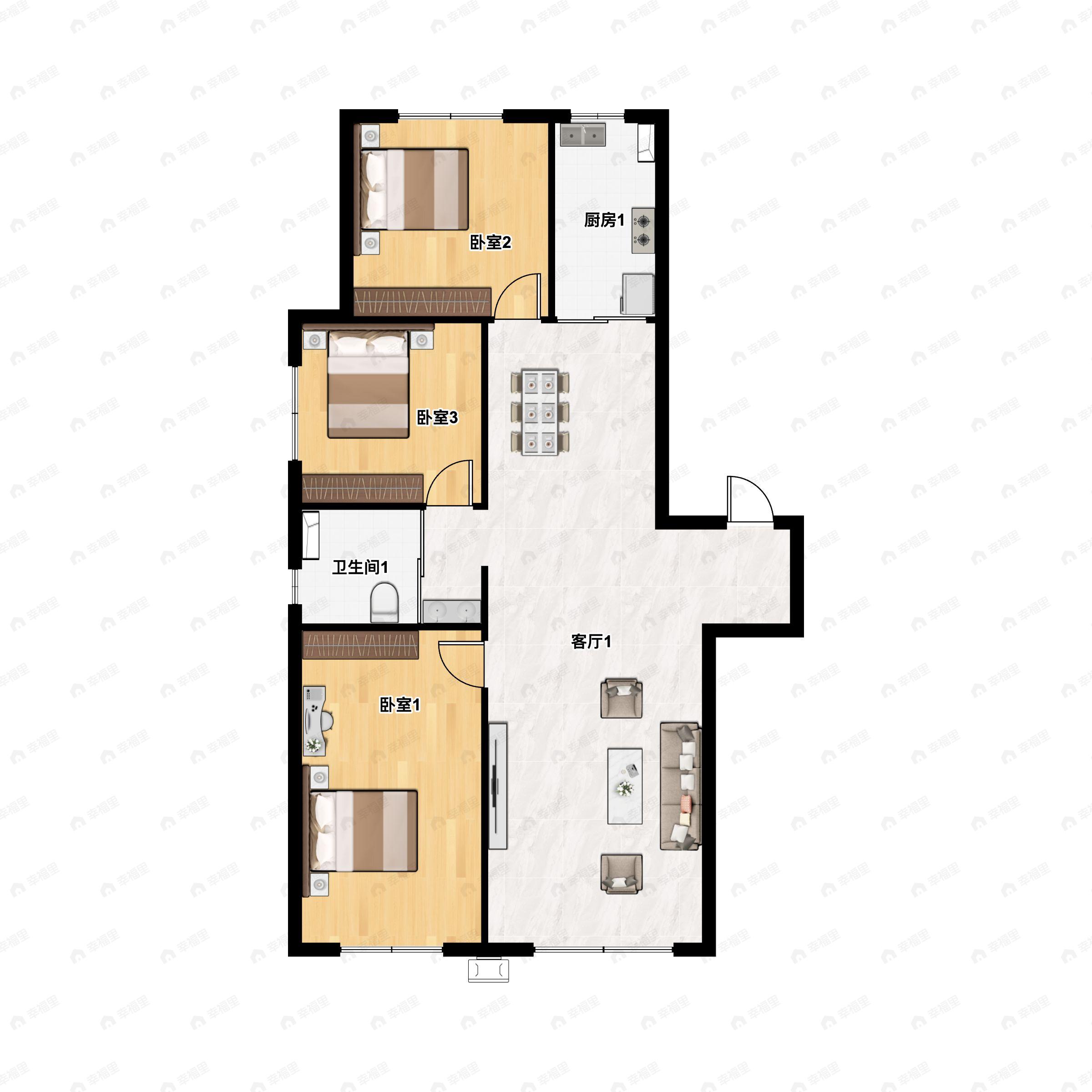 3室2厅1卫建面105m²南|北户型图