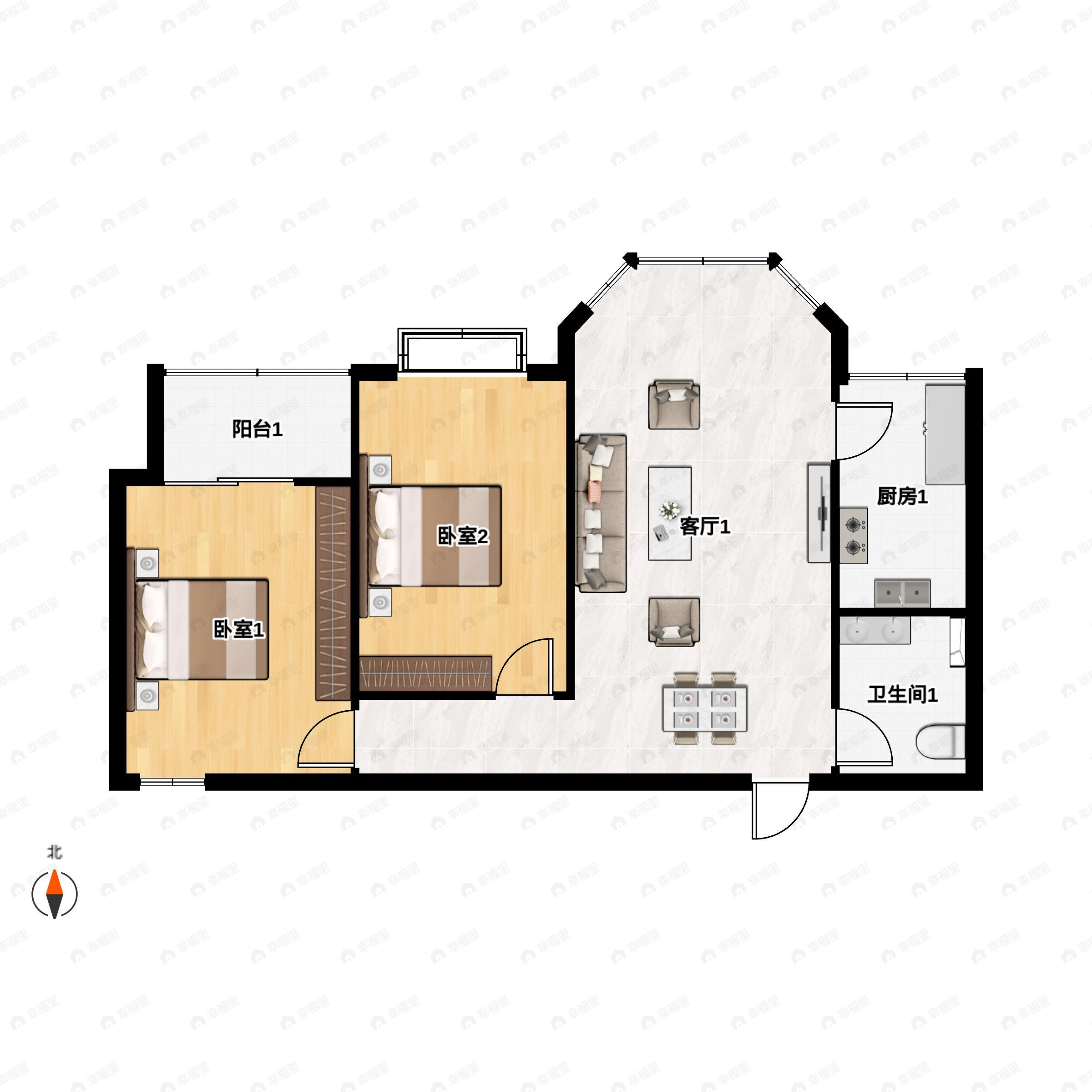 2室2厅1卫建面88m²北户型图