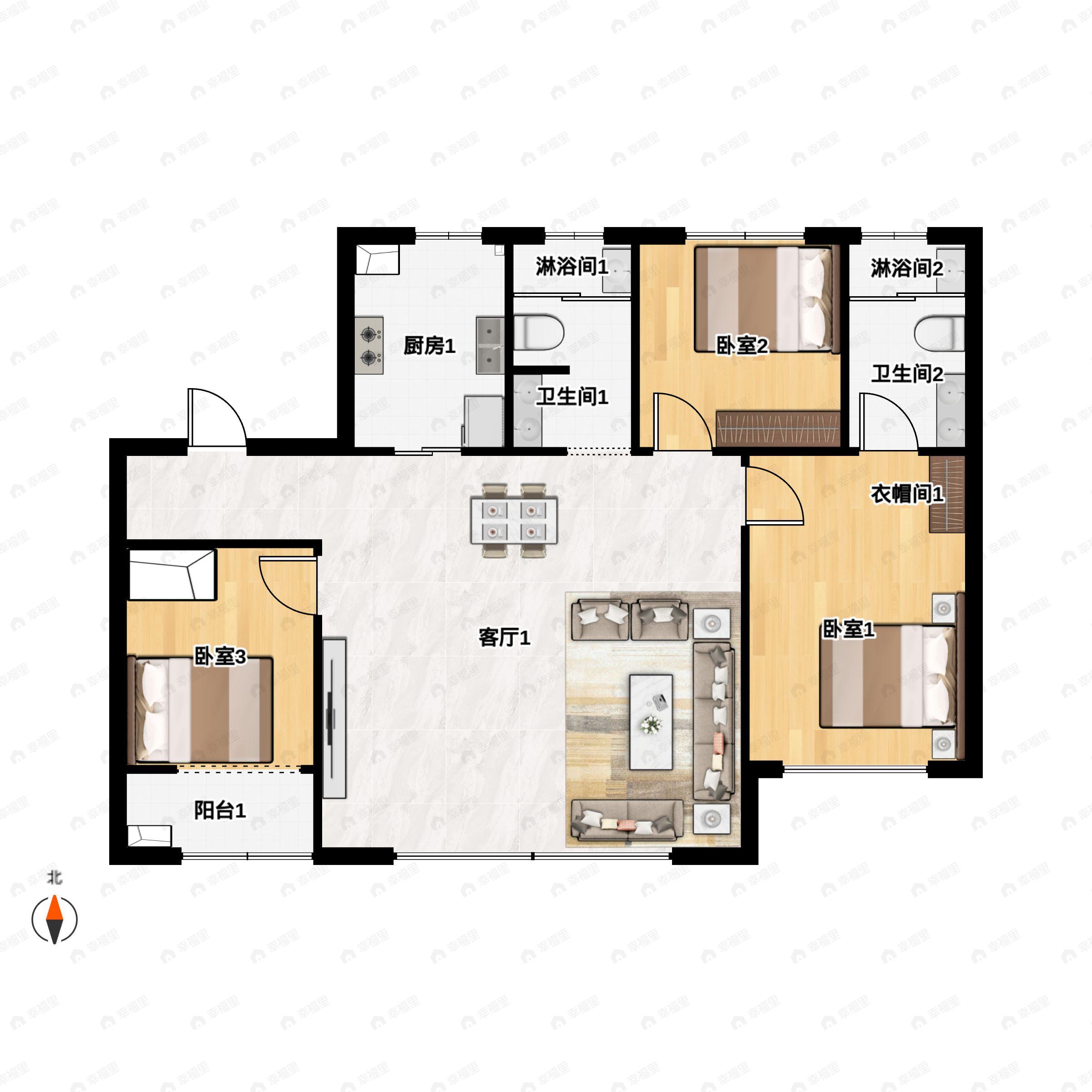 3室2厅2卫建面128平户型图