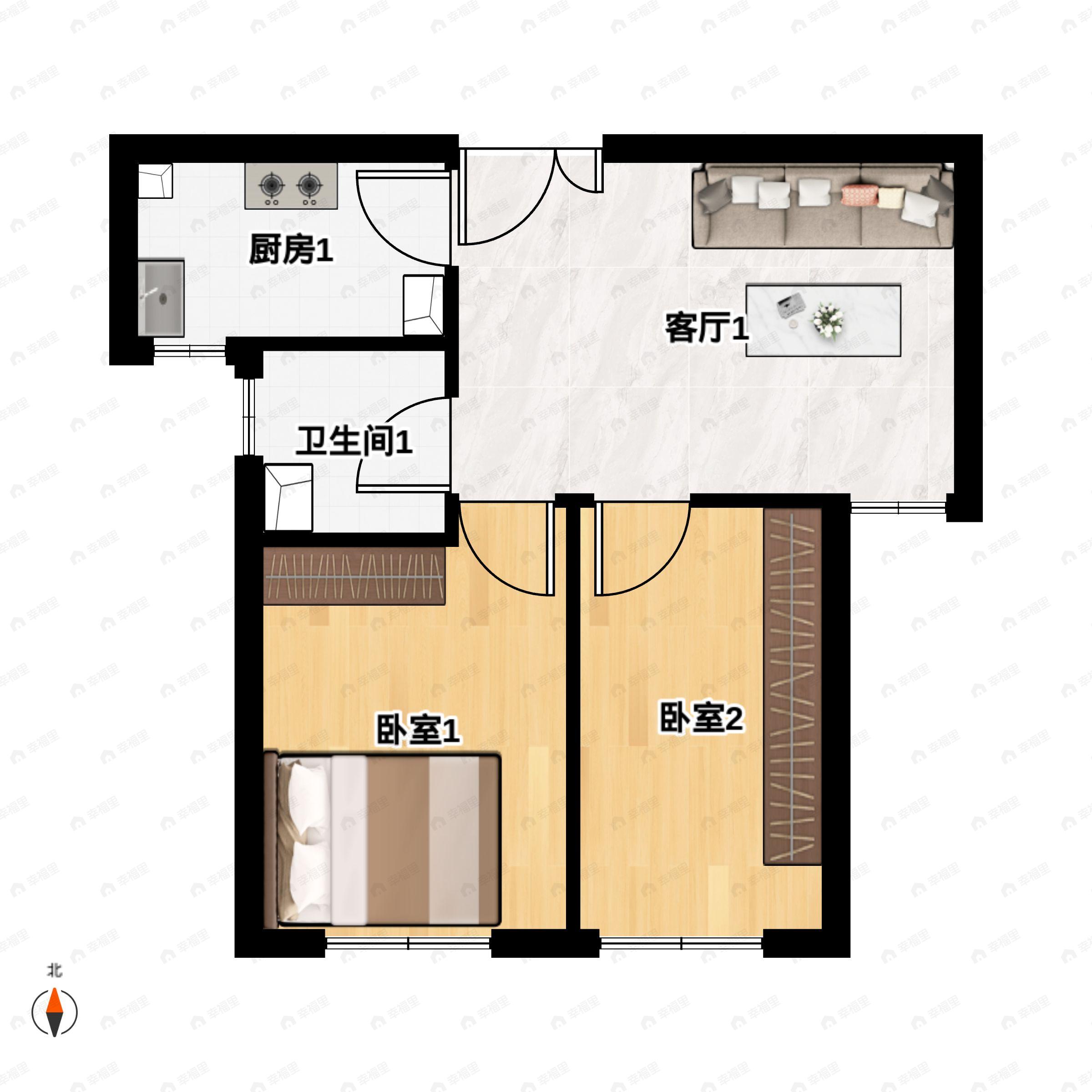 2室2厅1卫建面64平户型图
