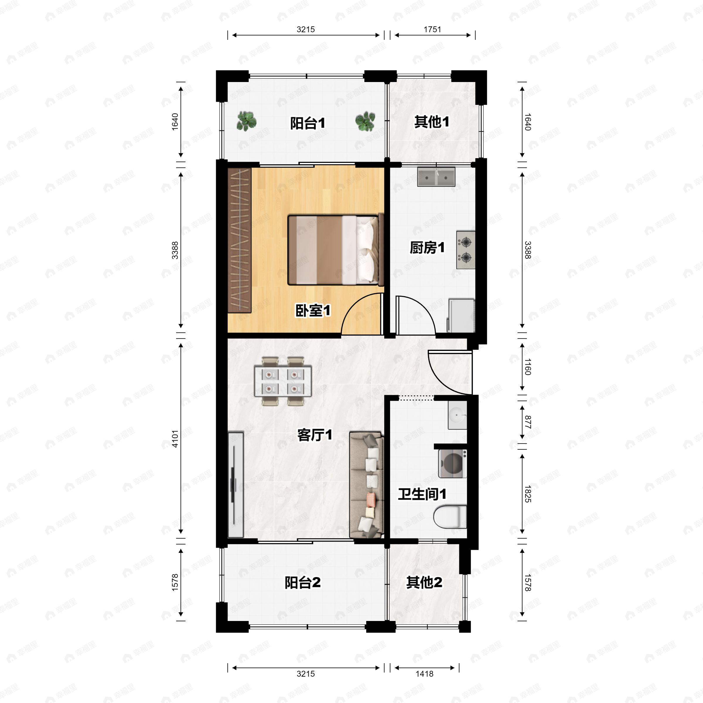 1室1厅1卫建面60平户型图