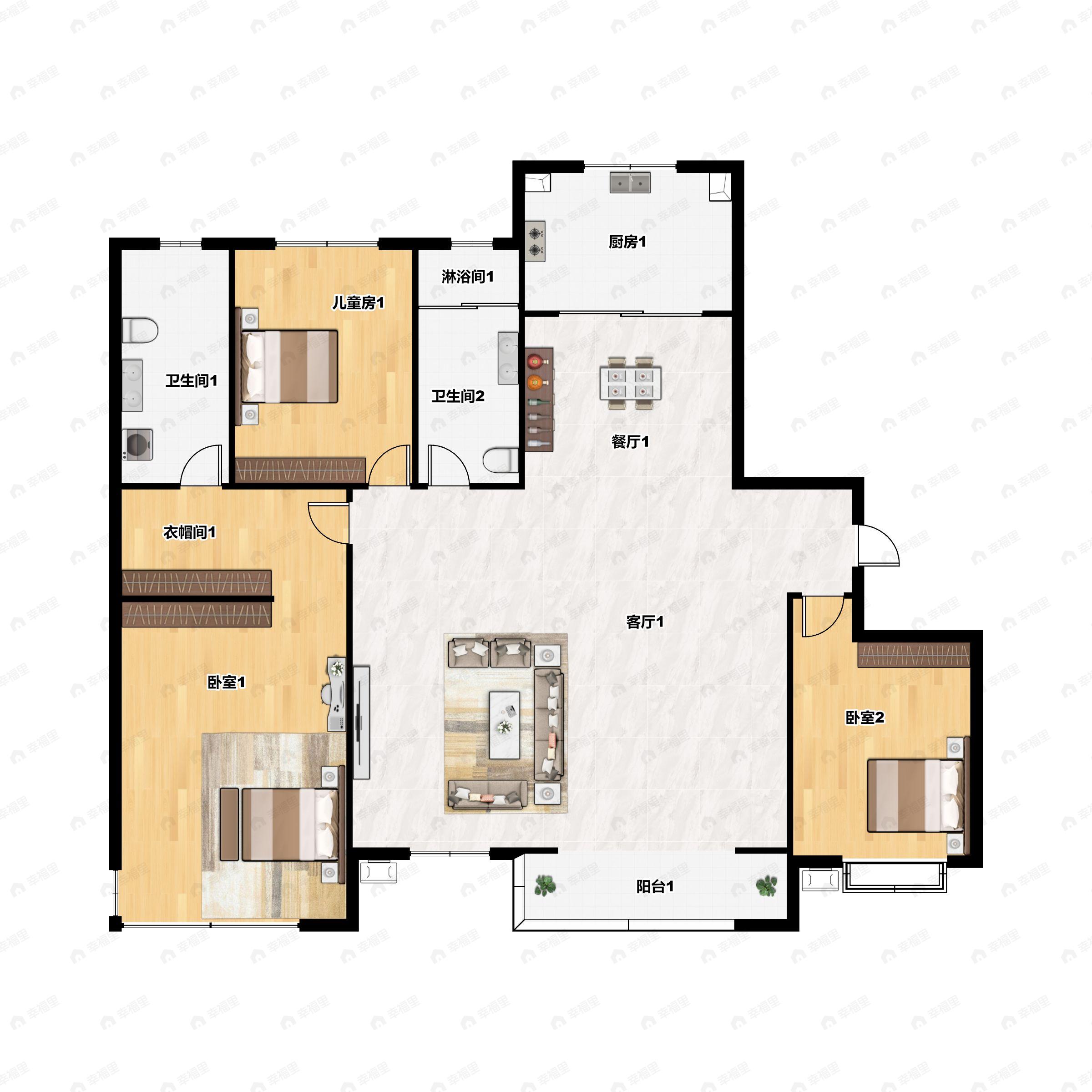 3室2厅2卫建面193m²南户型图