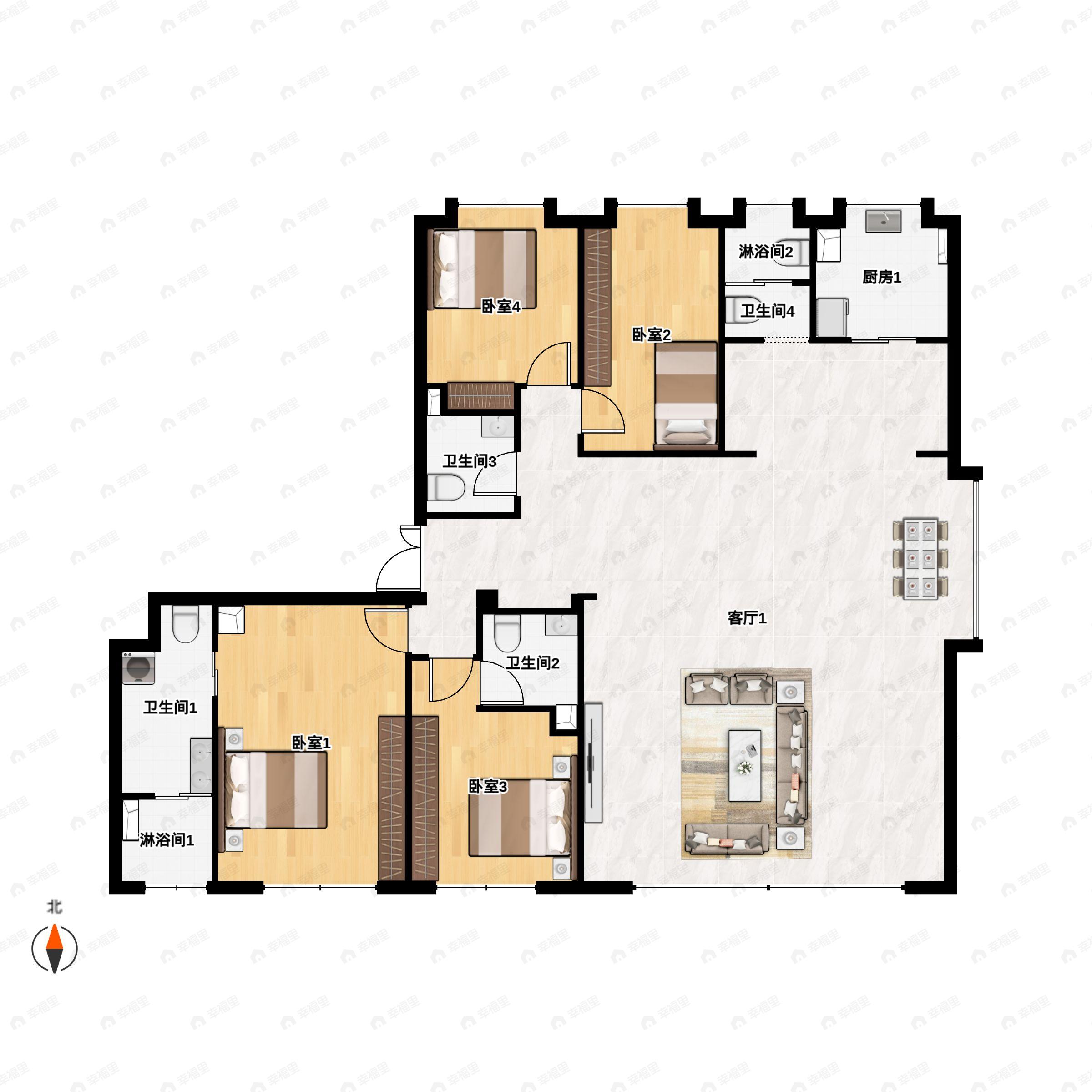 4室2厅3卫建面243平南|北户型图