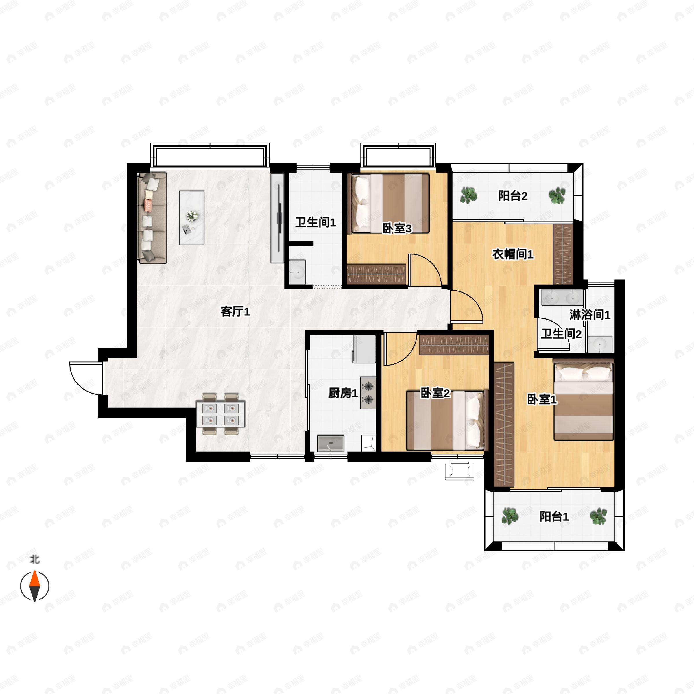3室2厅2卫建面123m²北户型图