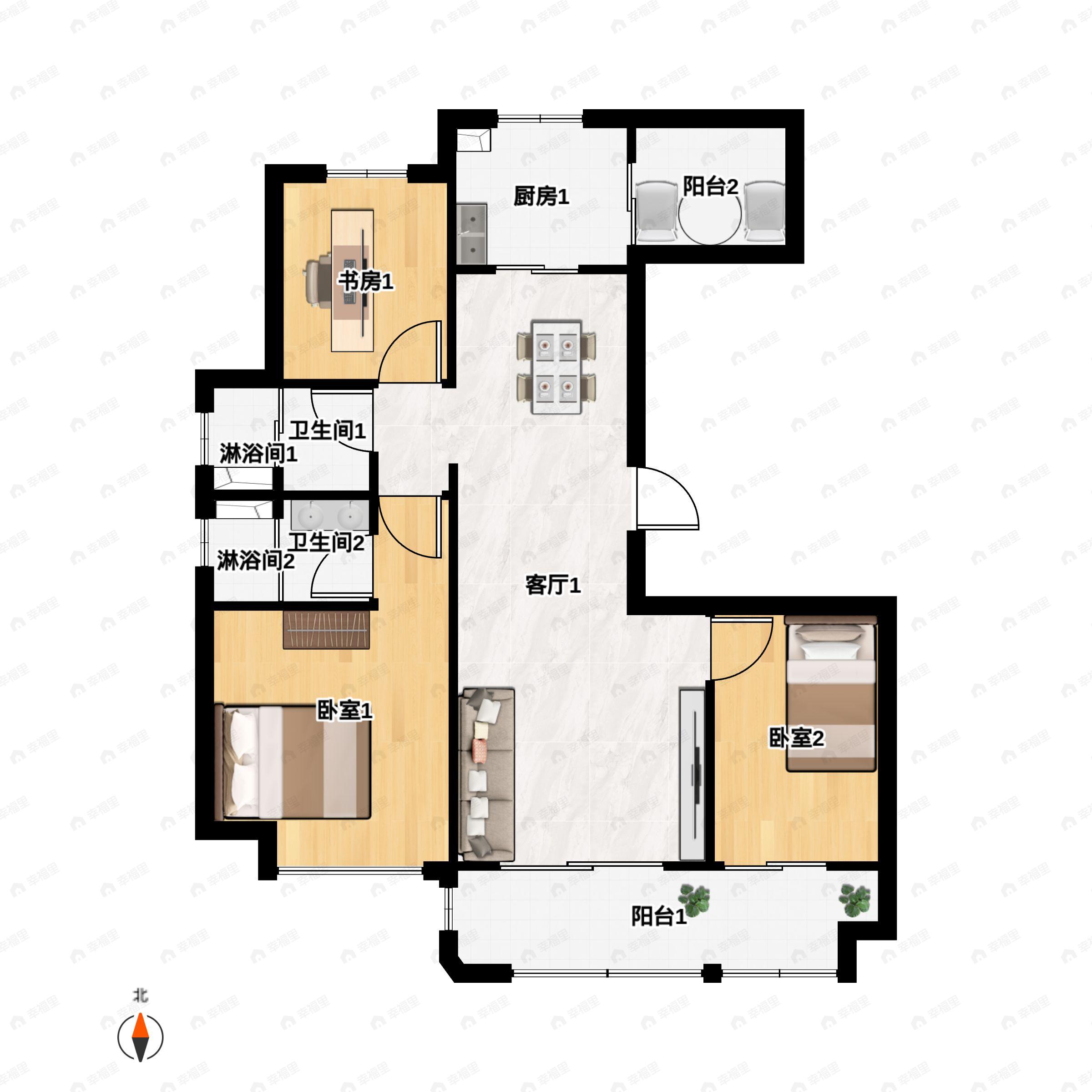 3室2厅2卫建面120m²南|北户型图