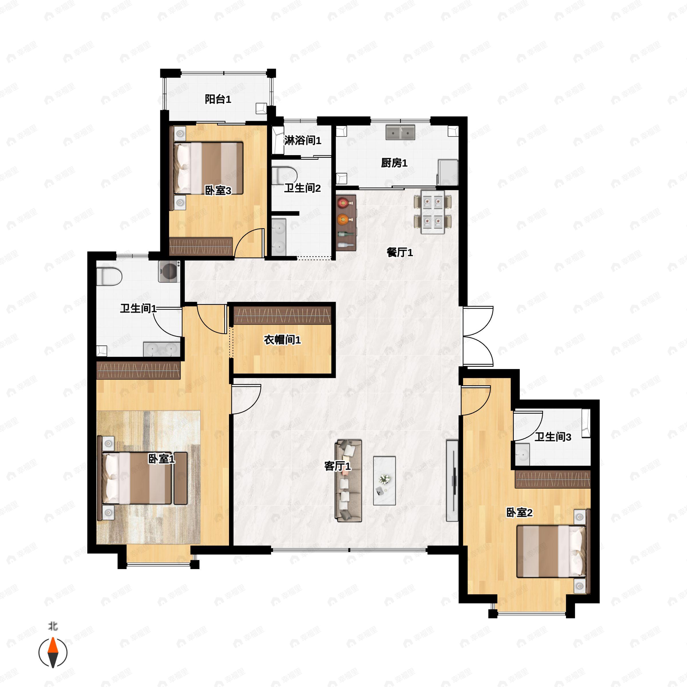 3室2厅3卫建面202m²北|南户型图