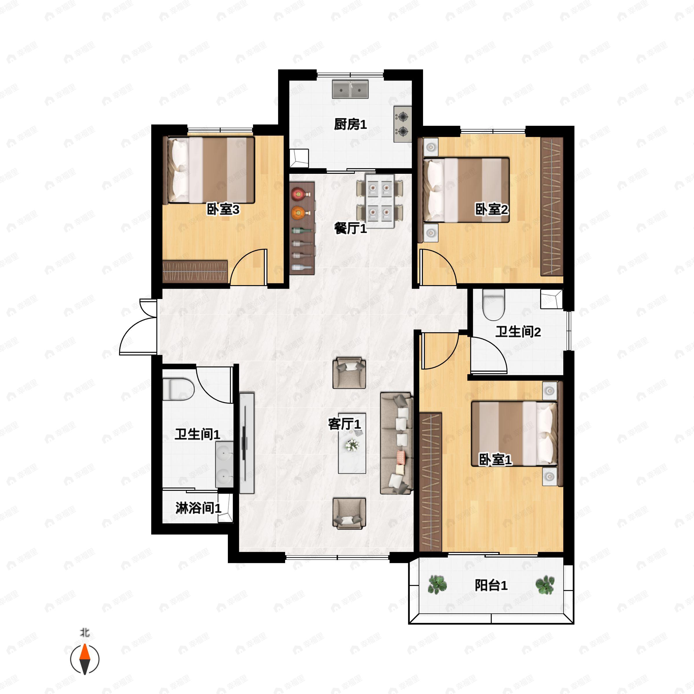 3室2厅2卫建面134平南|北户型图