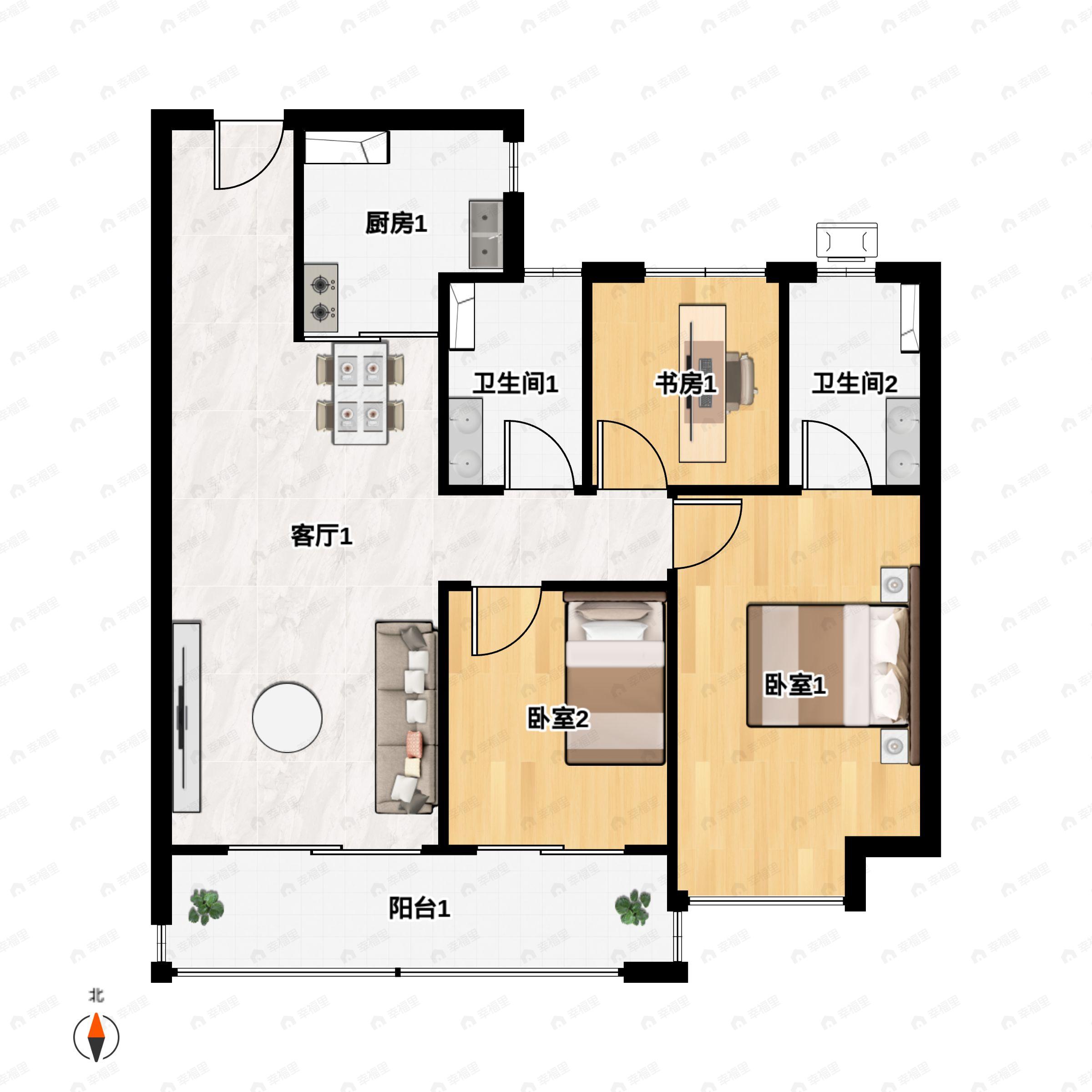 3室2厅2卫建面103平户型图