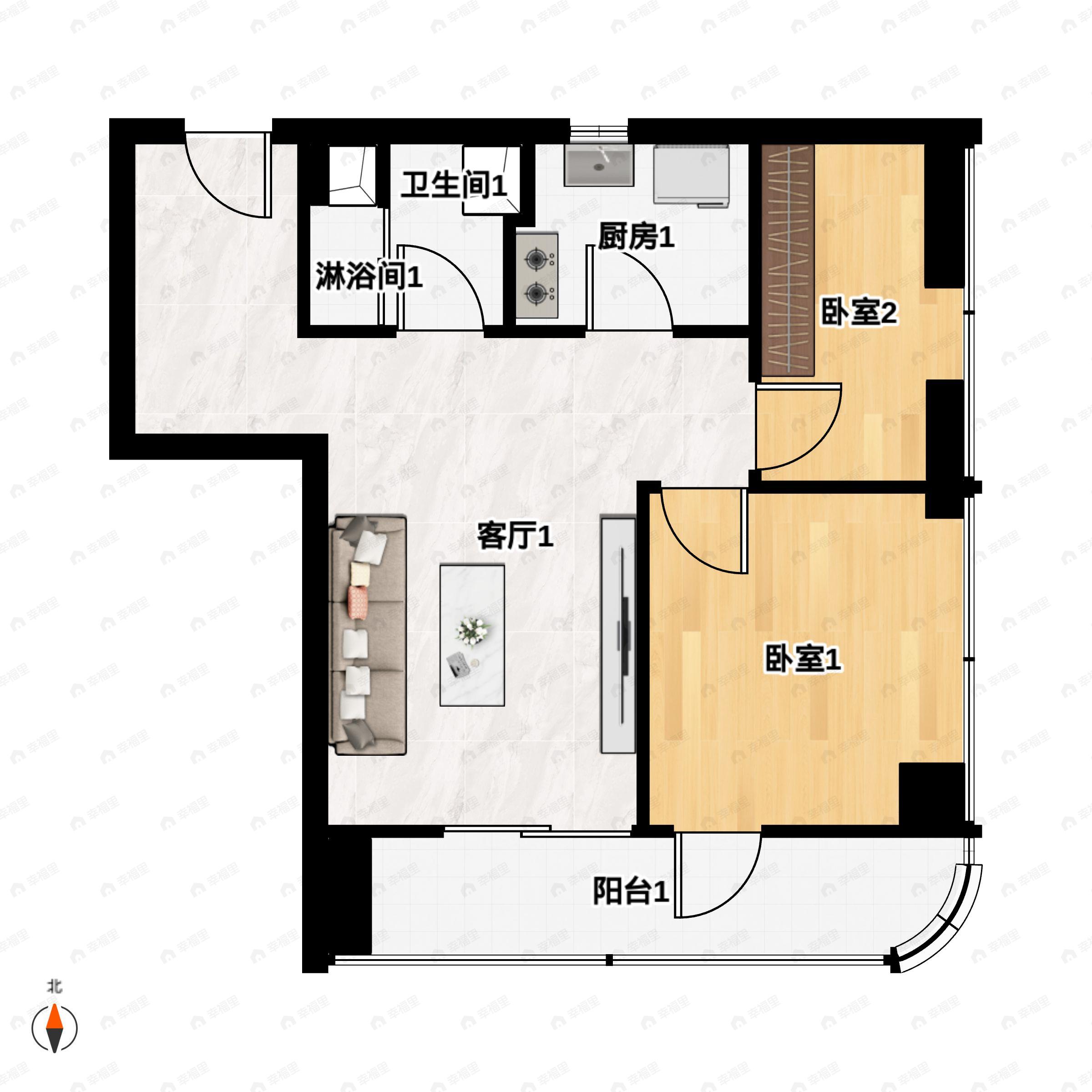 2室2厅1卫建面71m²西南户型图
