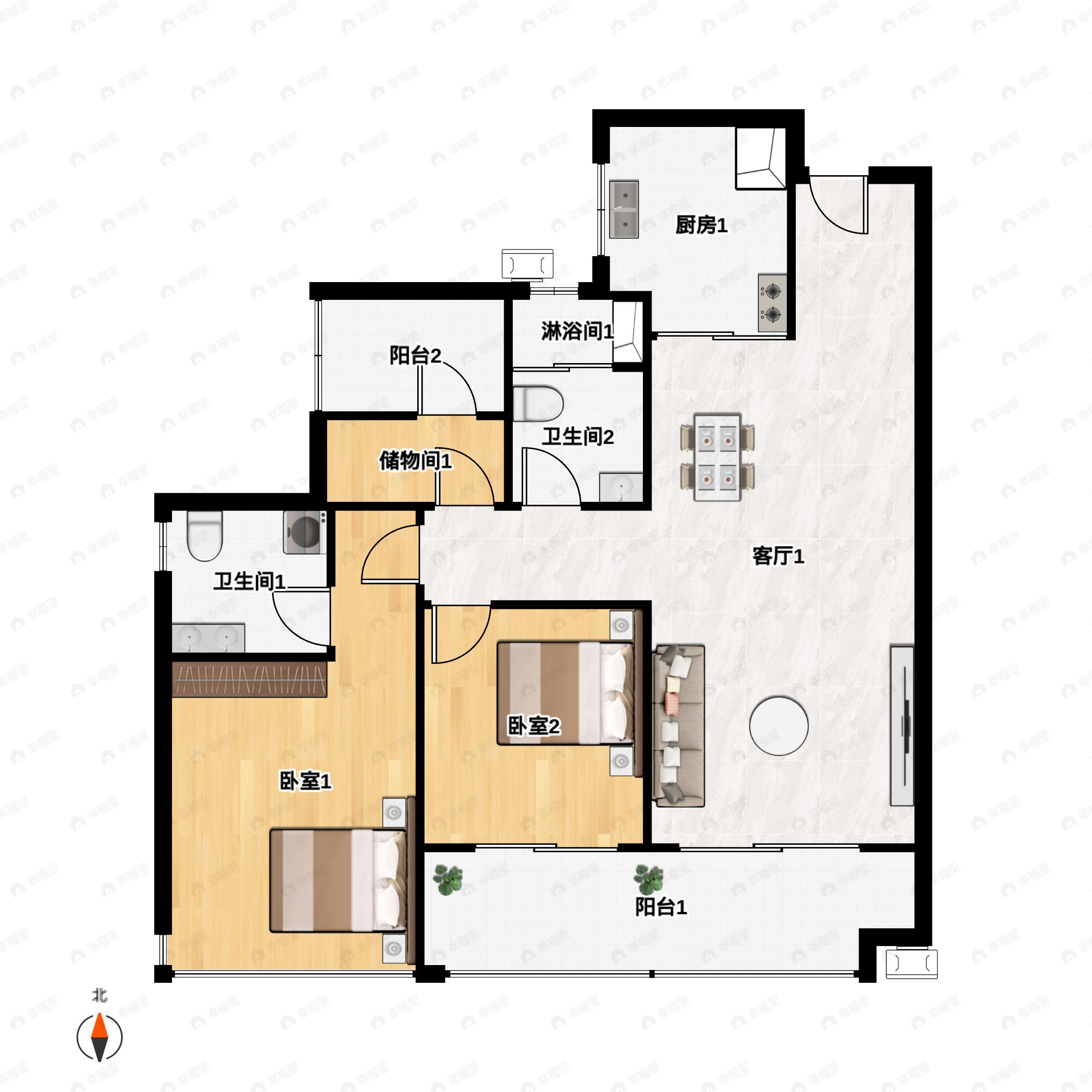 2室2厅2卫建面94m²南户型图