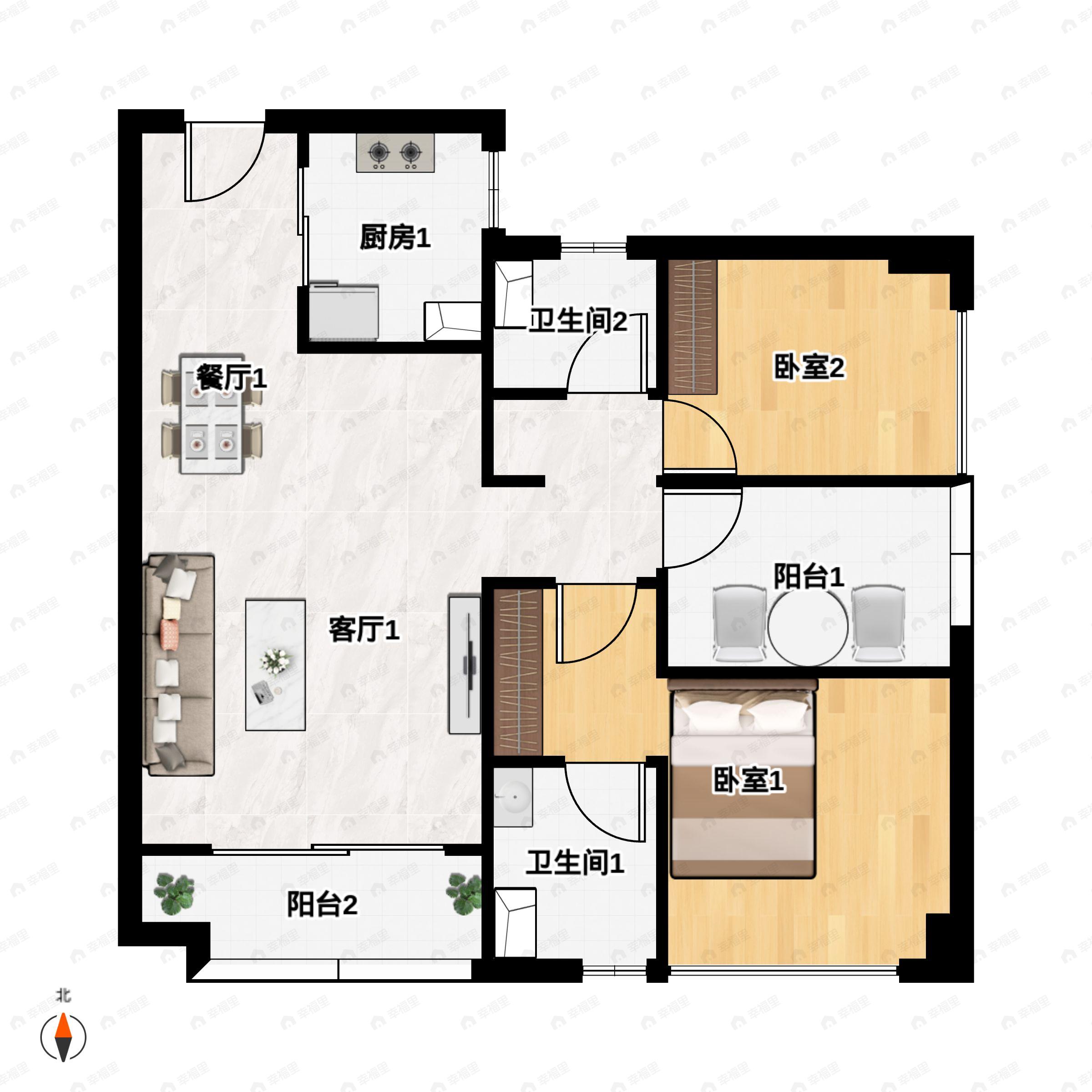 3室2厅2卫建面96m²南户型图