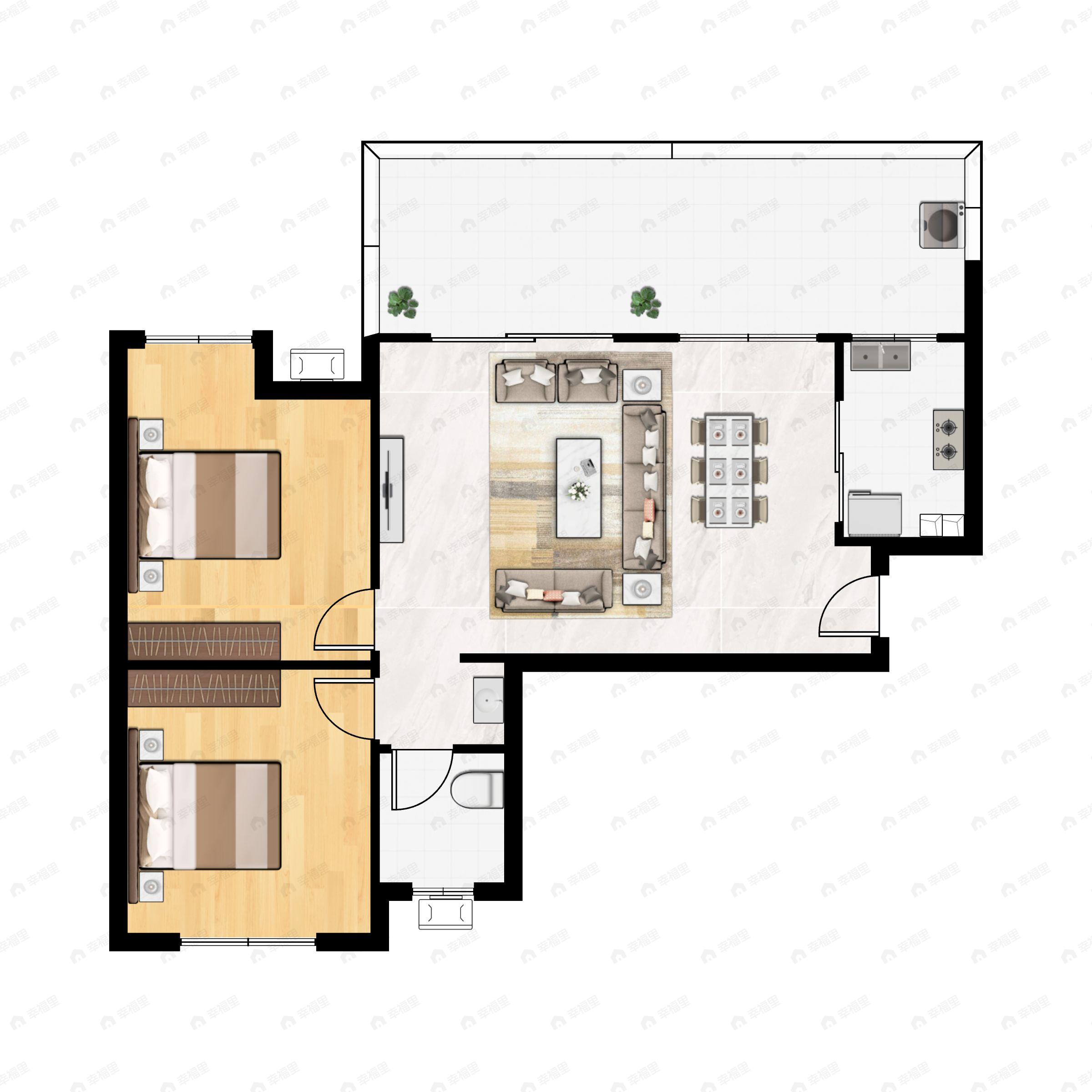 2室2厅1卫建面67平西北户型图