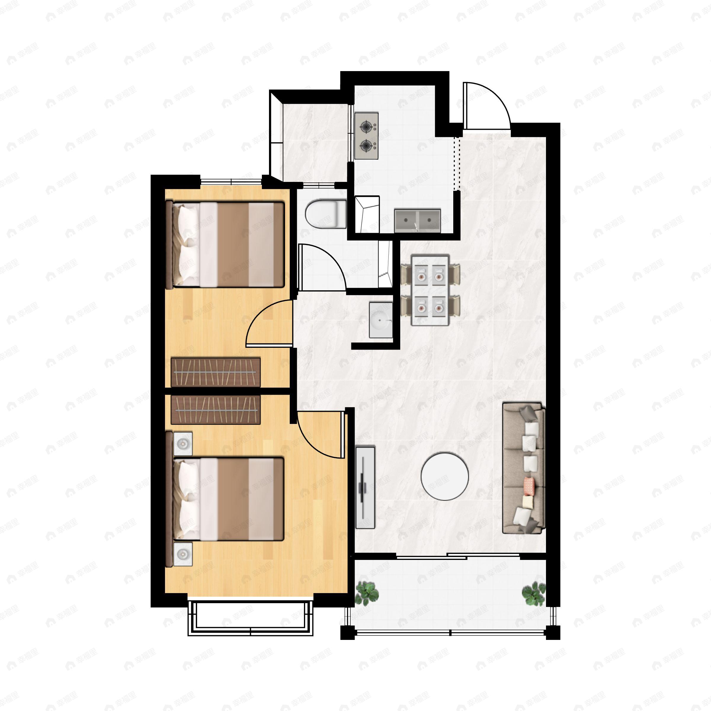 2室2厅1卫建面78m²北户型图