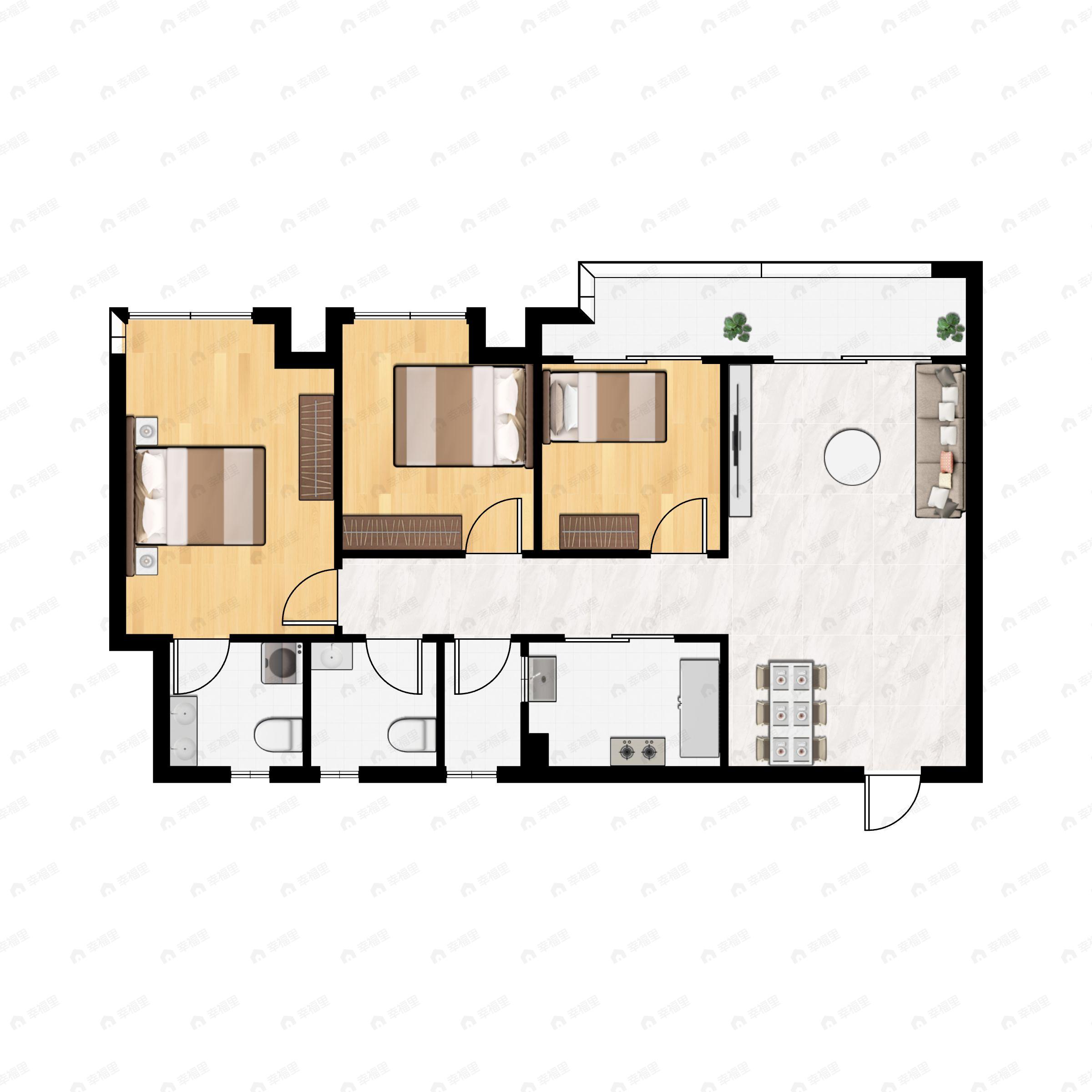 3室2厅2卫建面82m²南户型图