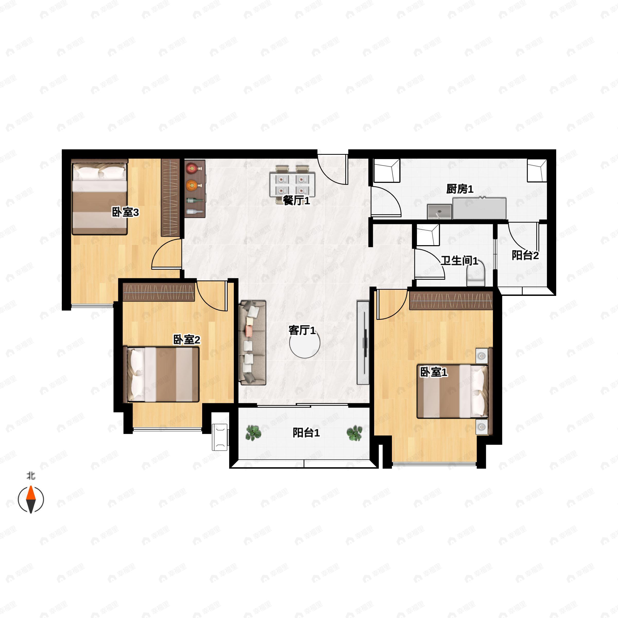 3室2厅1卫建面104m²南户型图