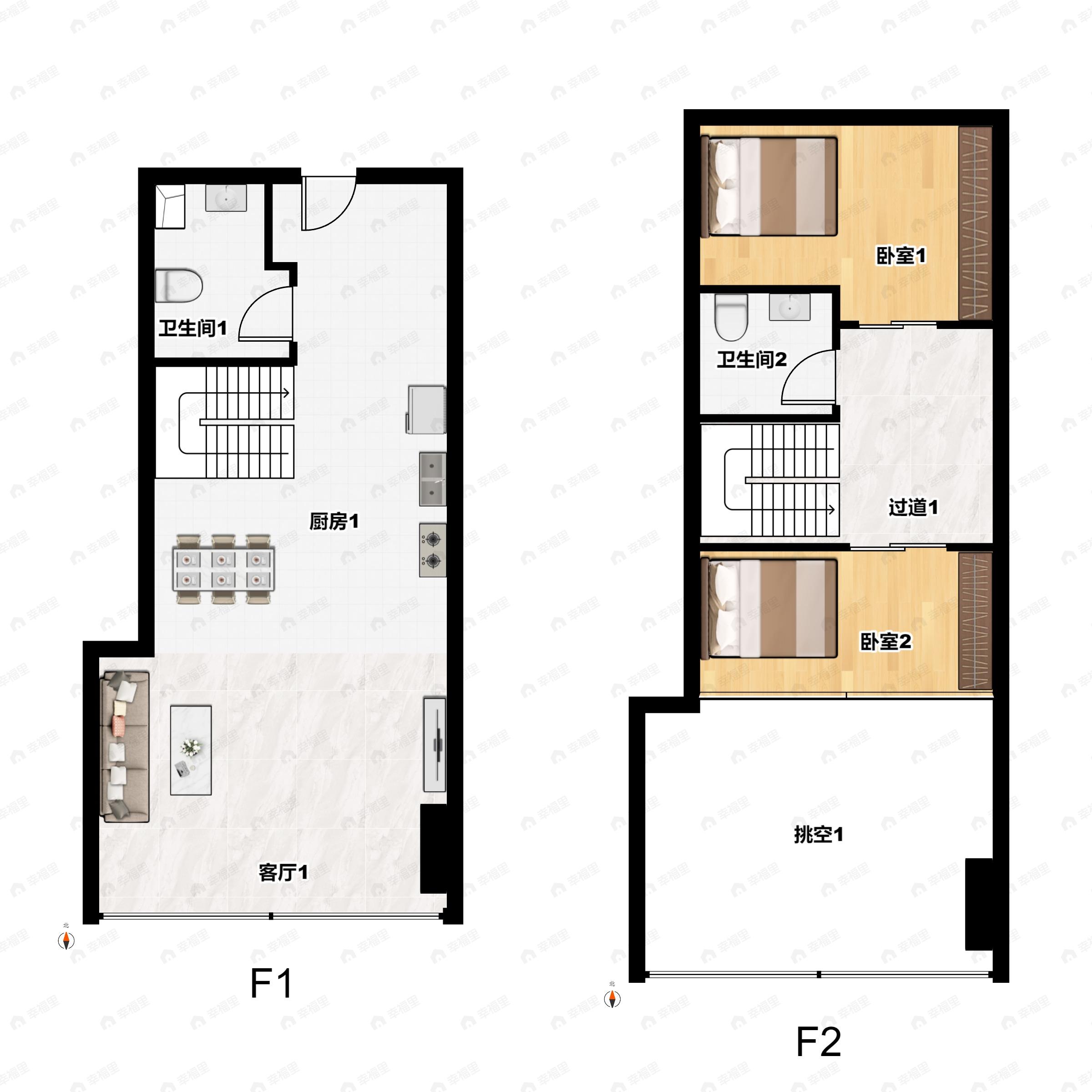 2室1厅2卫建面52平南户型图