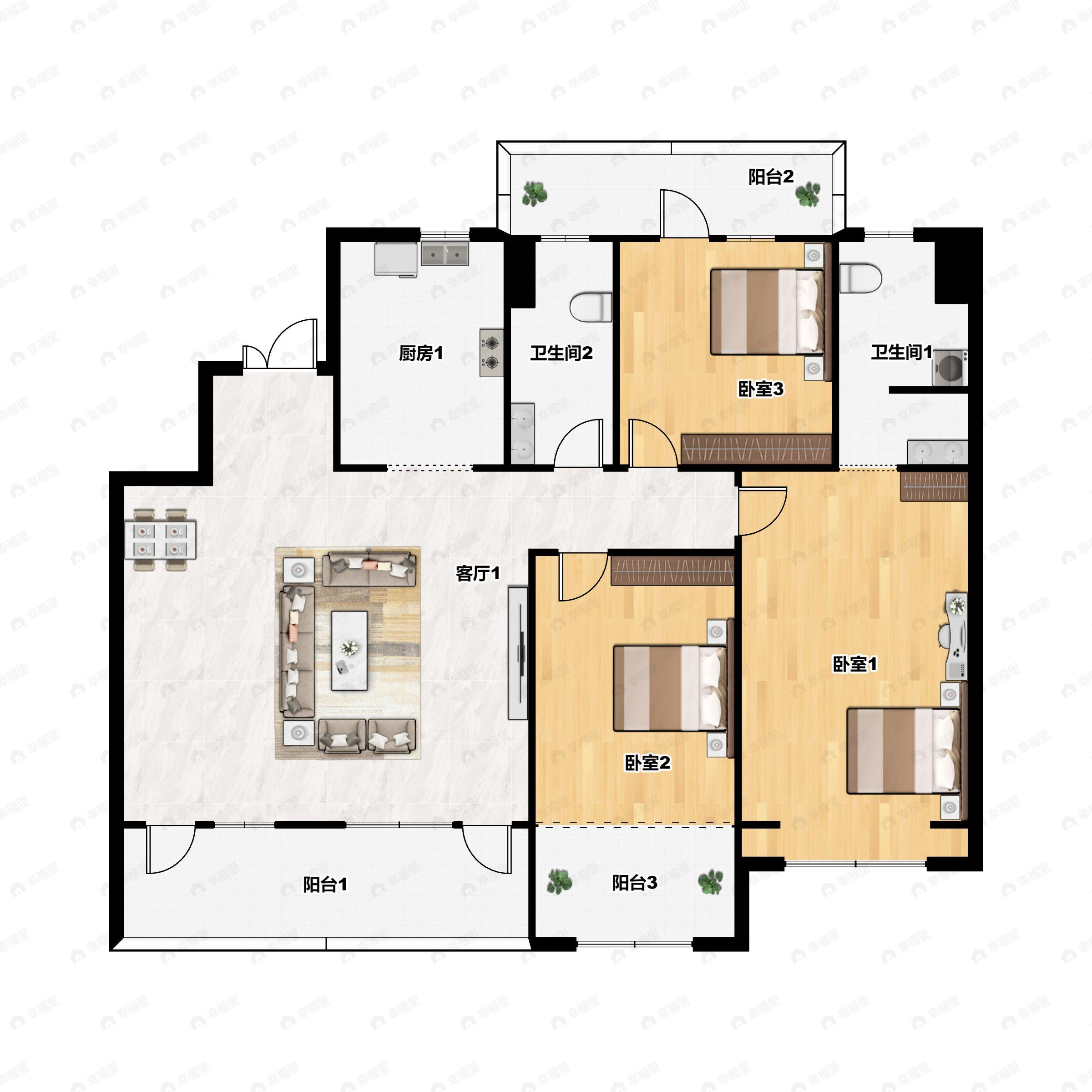 3室2厅2卫建面158平北|南户型图
