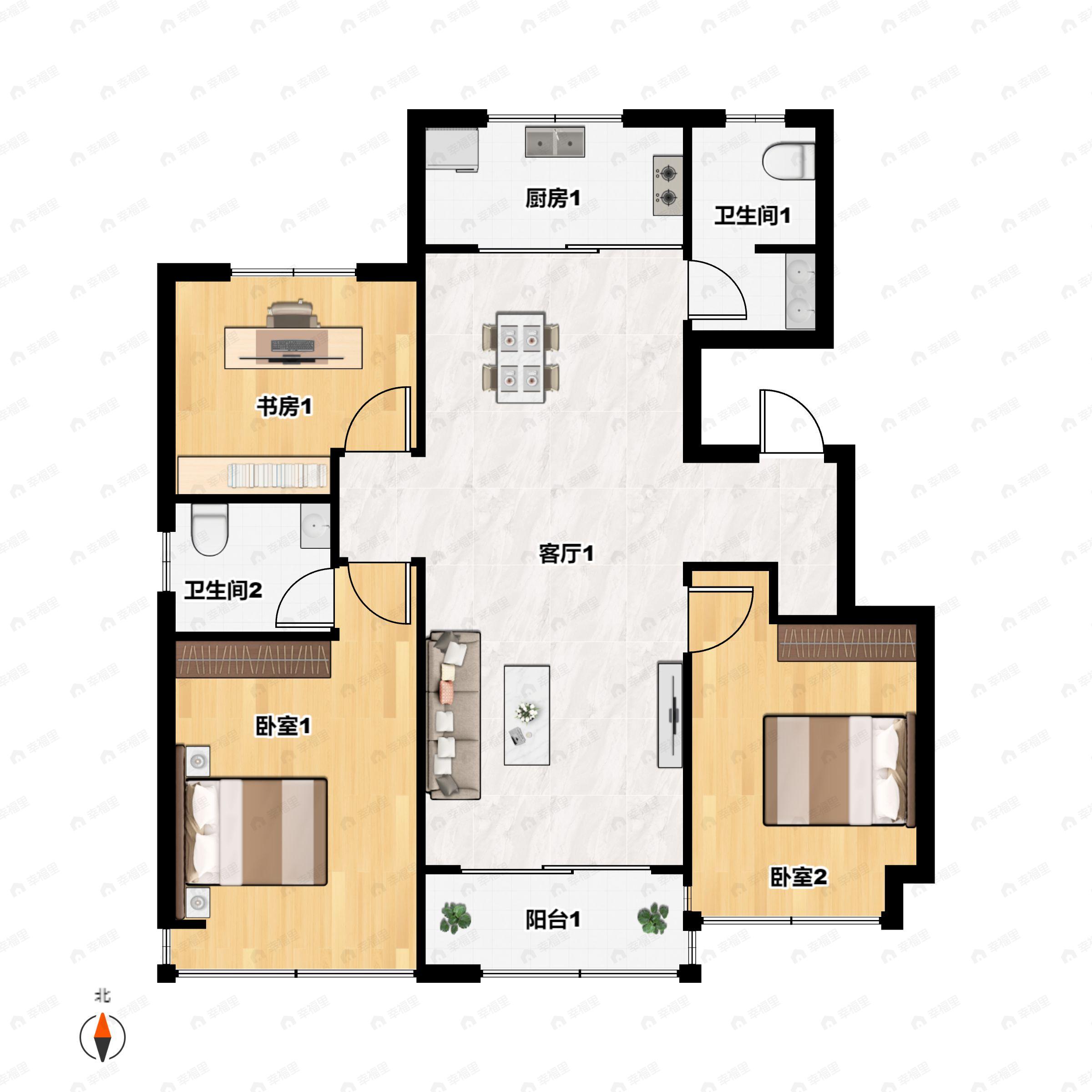 3室2厅2卫建面113平南户型图