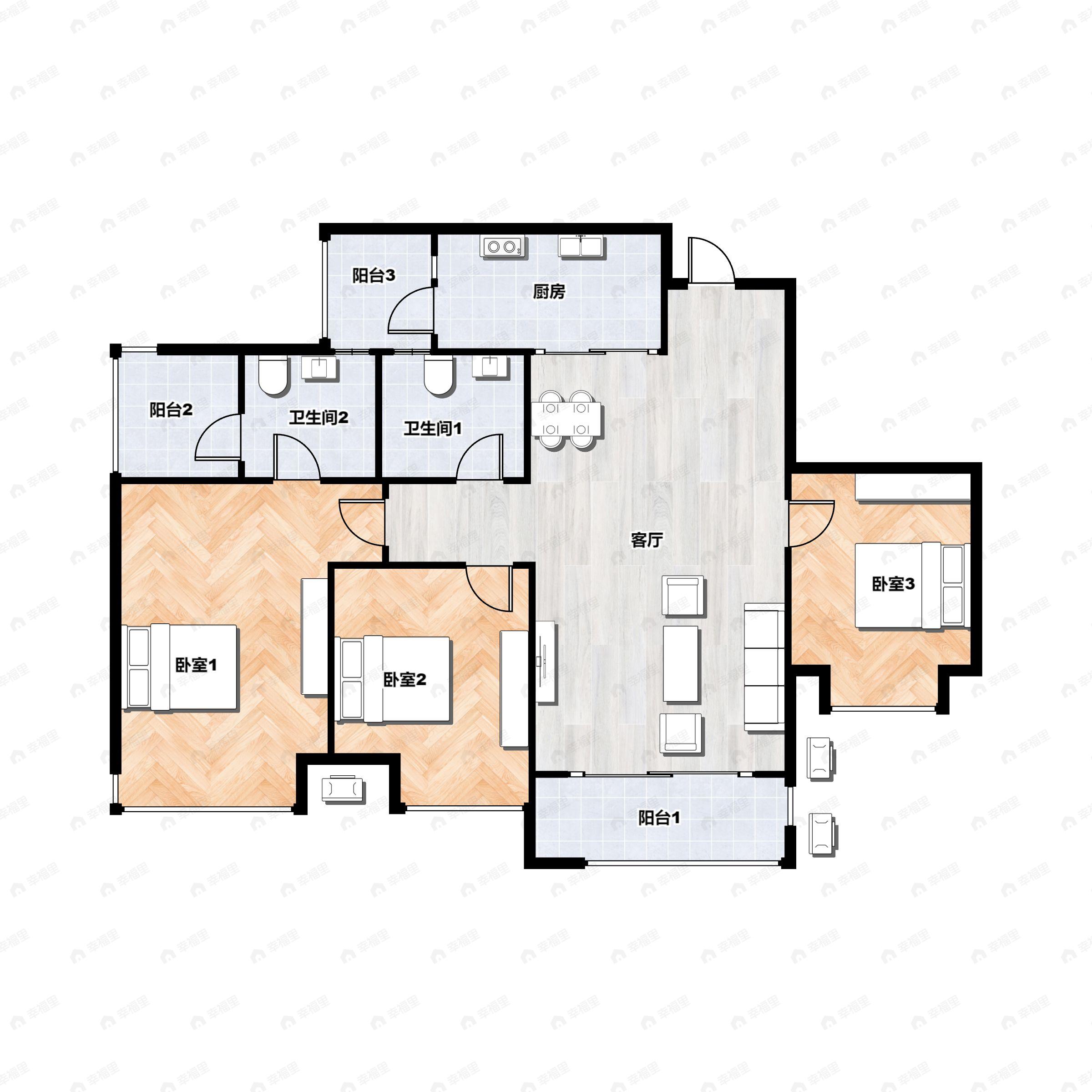 3室2厅2卫建面99平户型图
