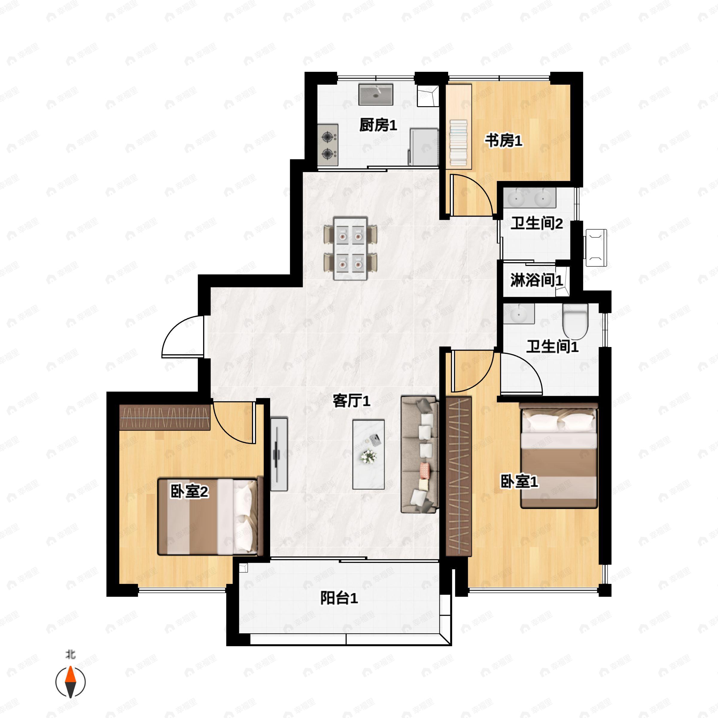 3室2厅2卫建面108m²南户型图