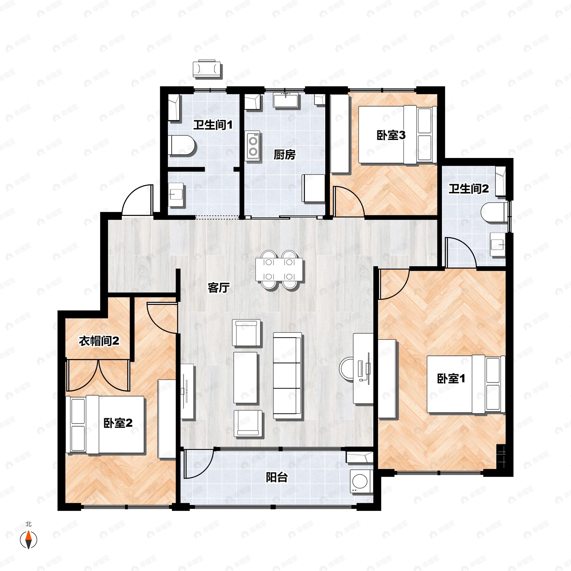 3室2厅2卫建面128平户型图