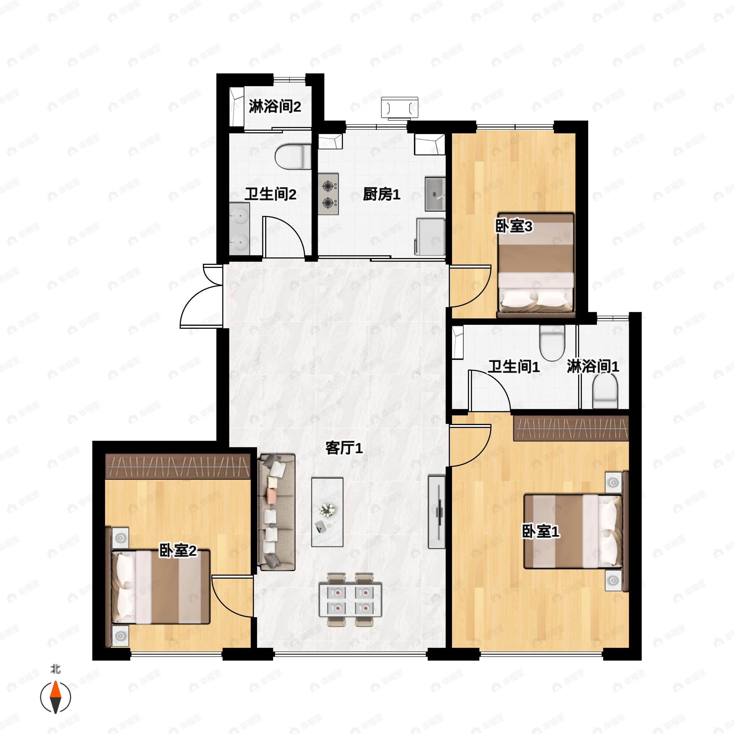 3室2厅2卫建面115m²南|北户型图