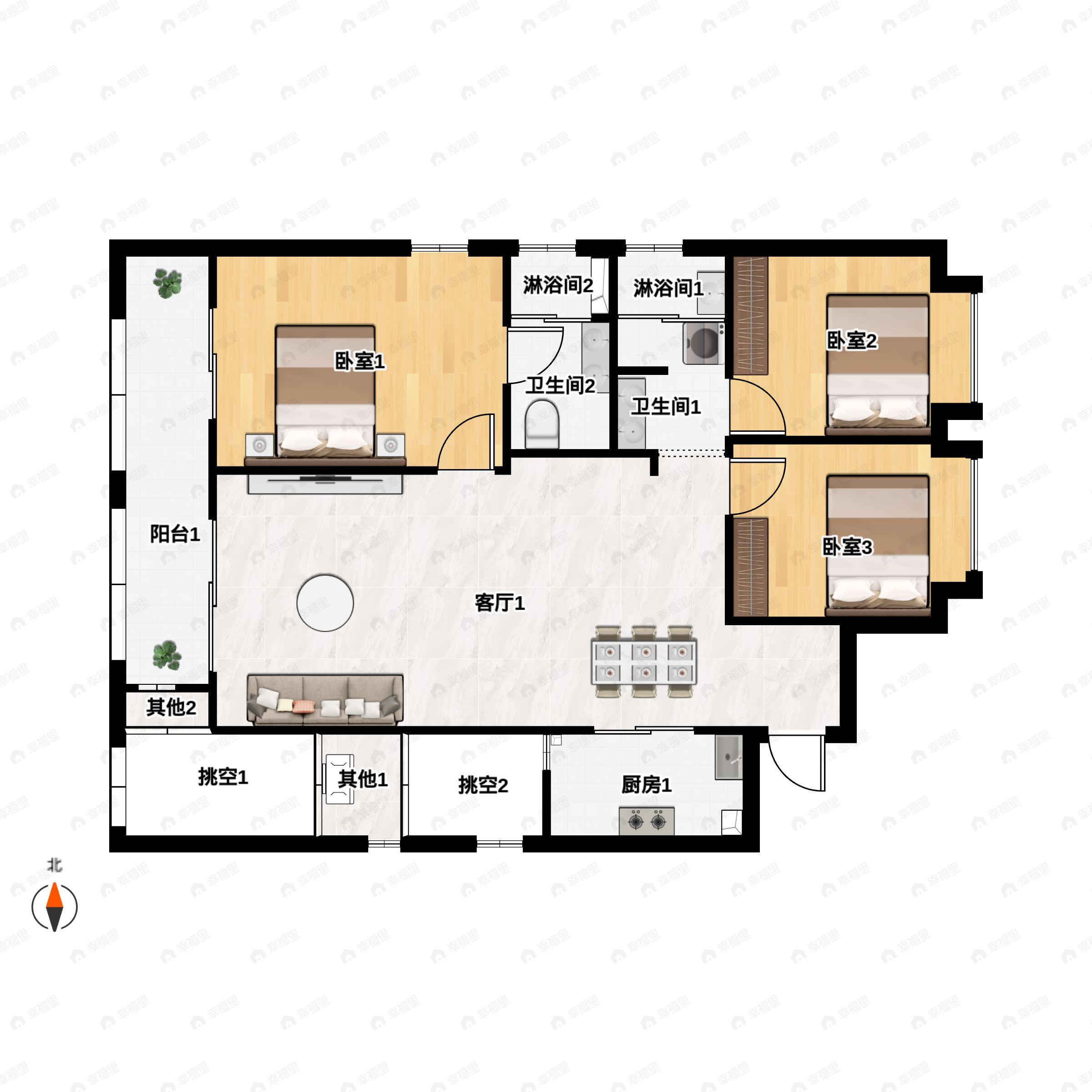 3室2厅2卫建面113平西南户型图