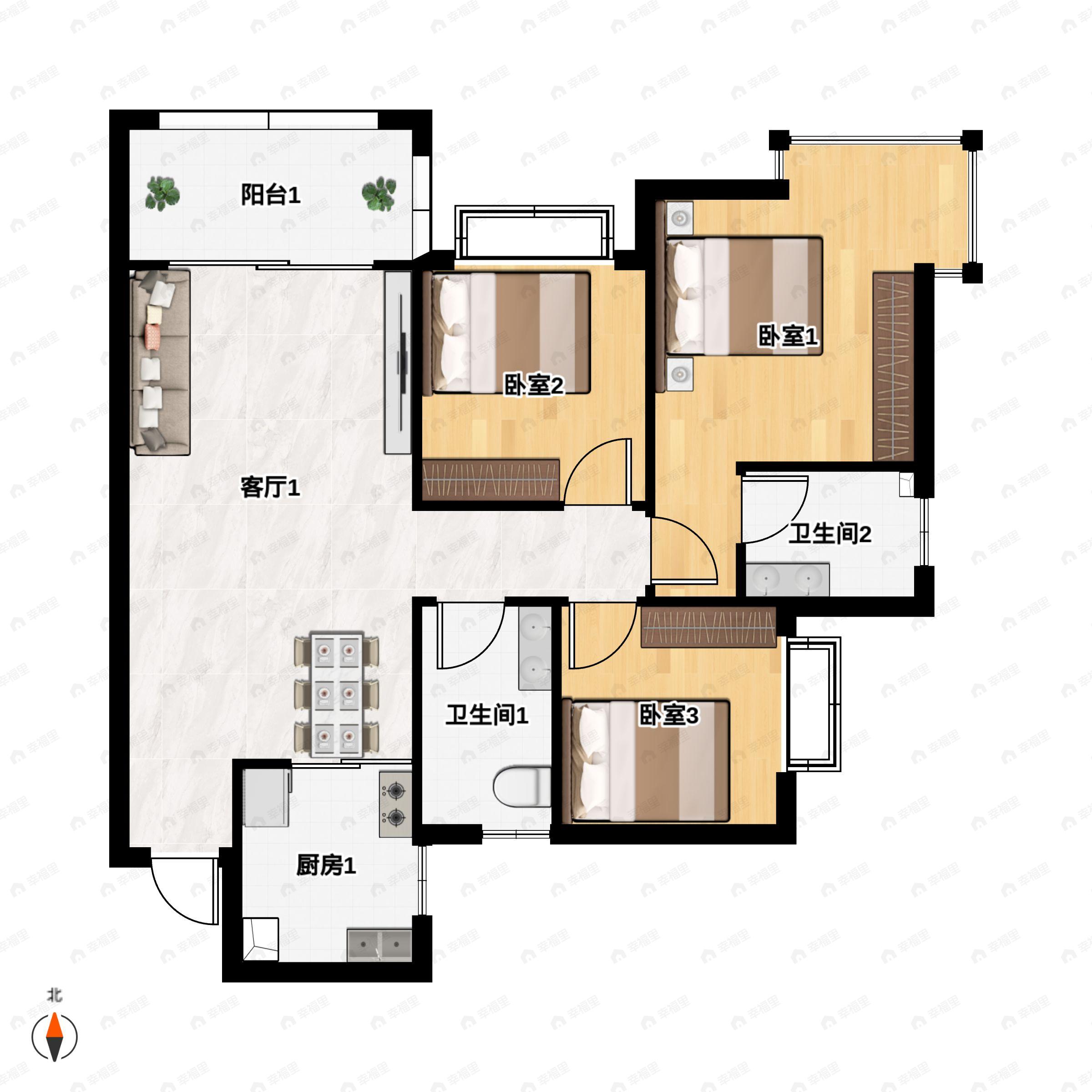 3室2厅2卫建面112平西南户型图