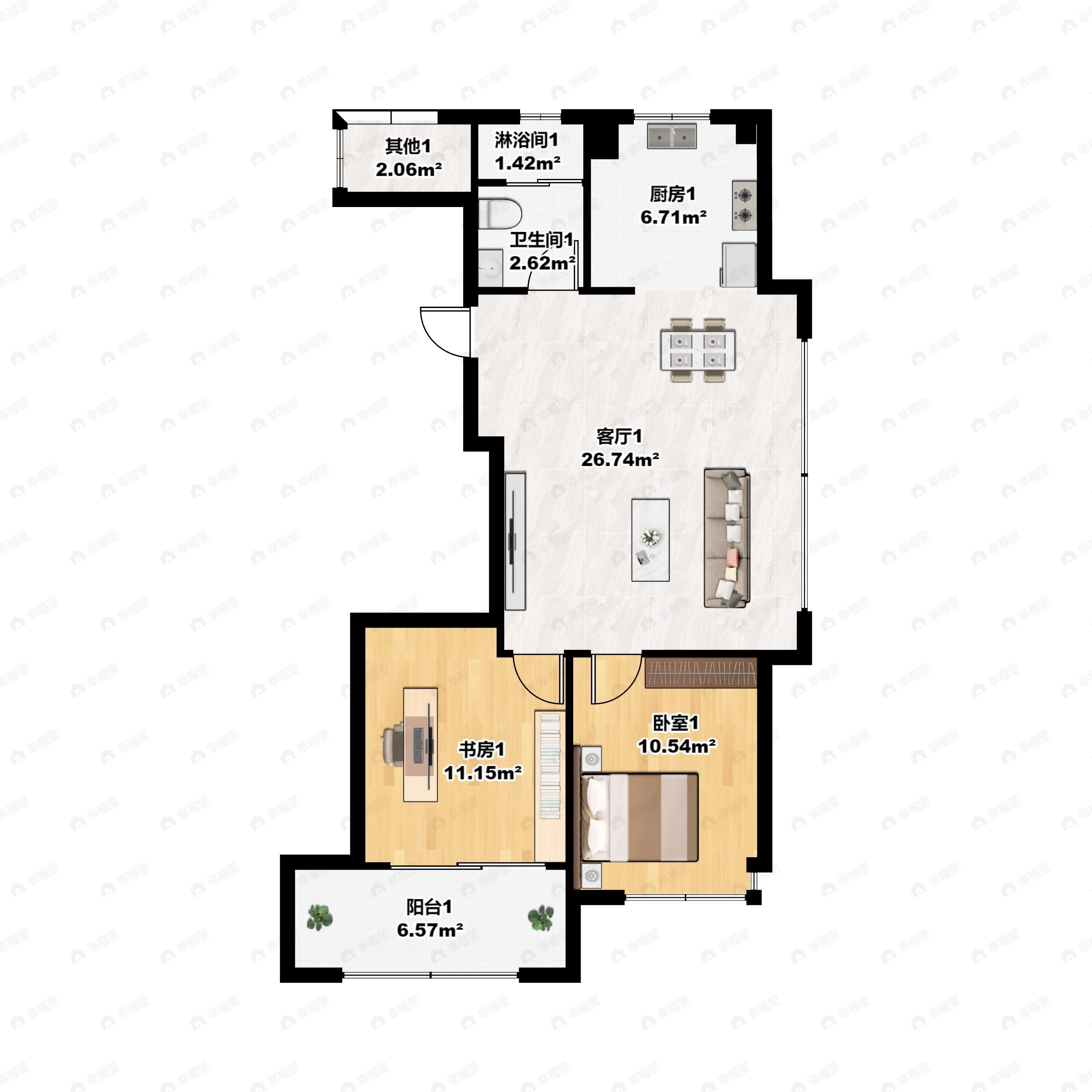 2室2厅1卫建面77m²南户型图