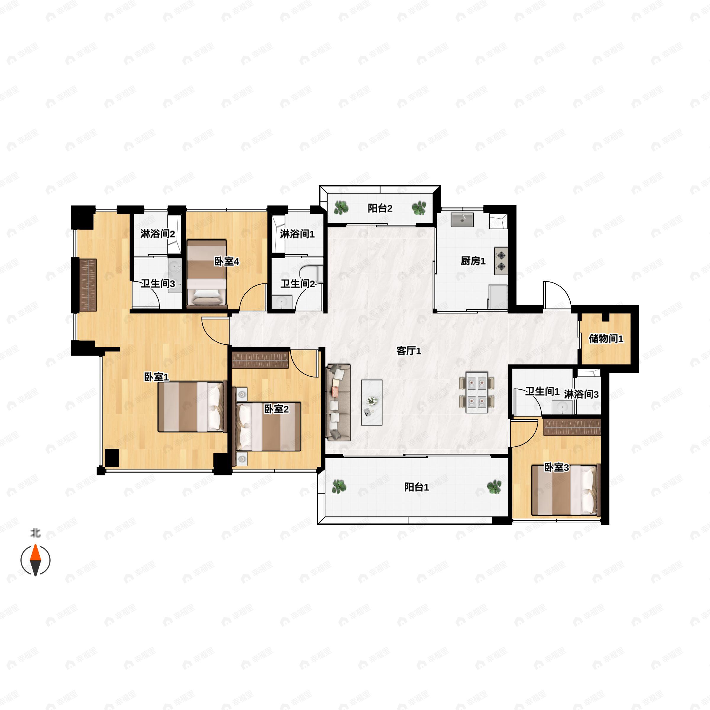 4室2厅3卫建面143平南|北户型图
