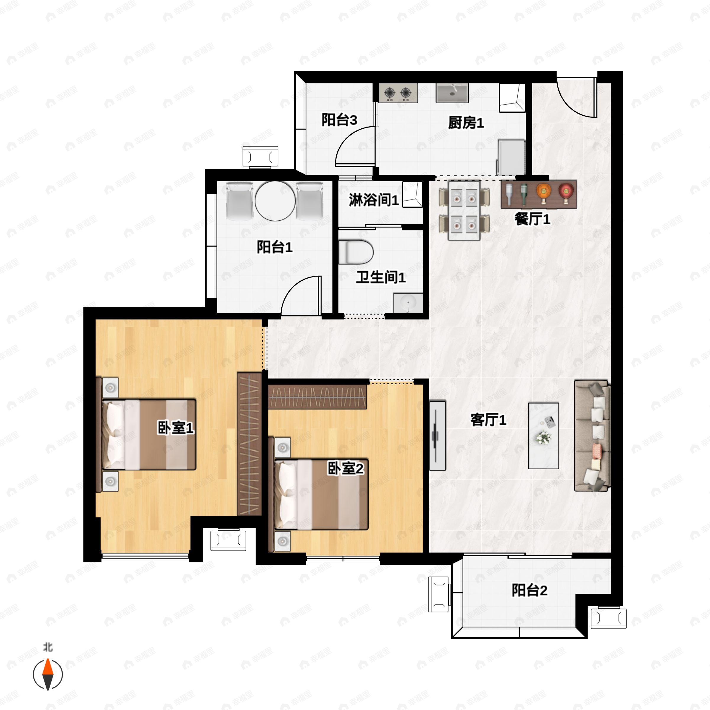 2室2厅1卫建面99m²南户型图