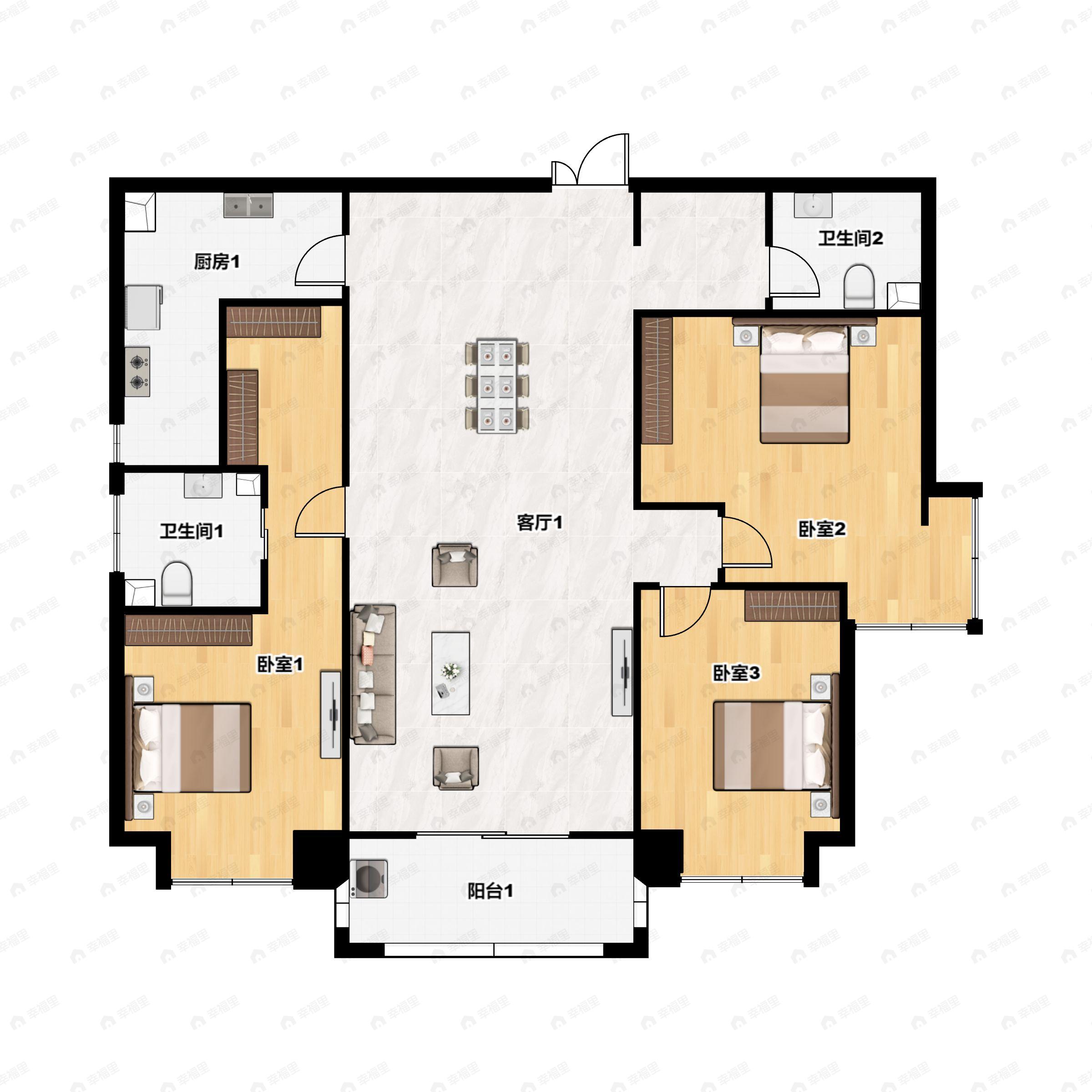 3室2厅2卫建面155m²南户型图