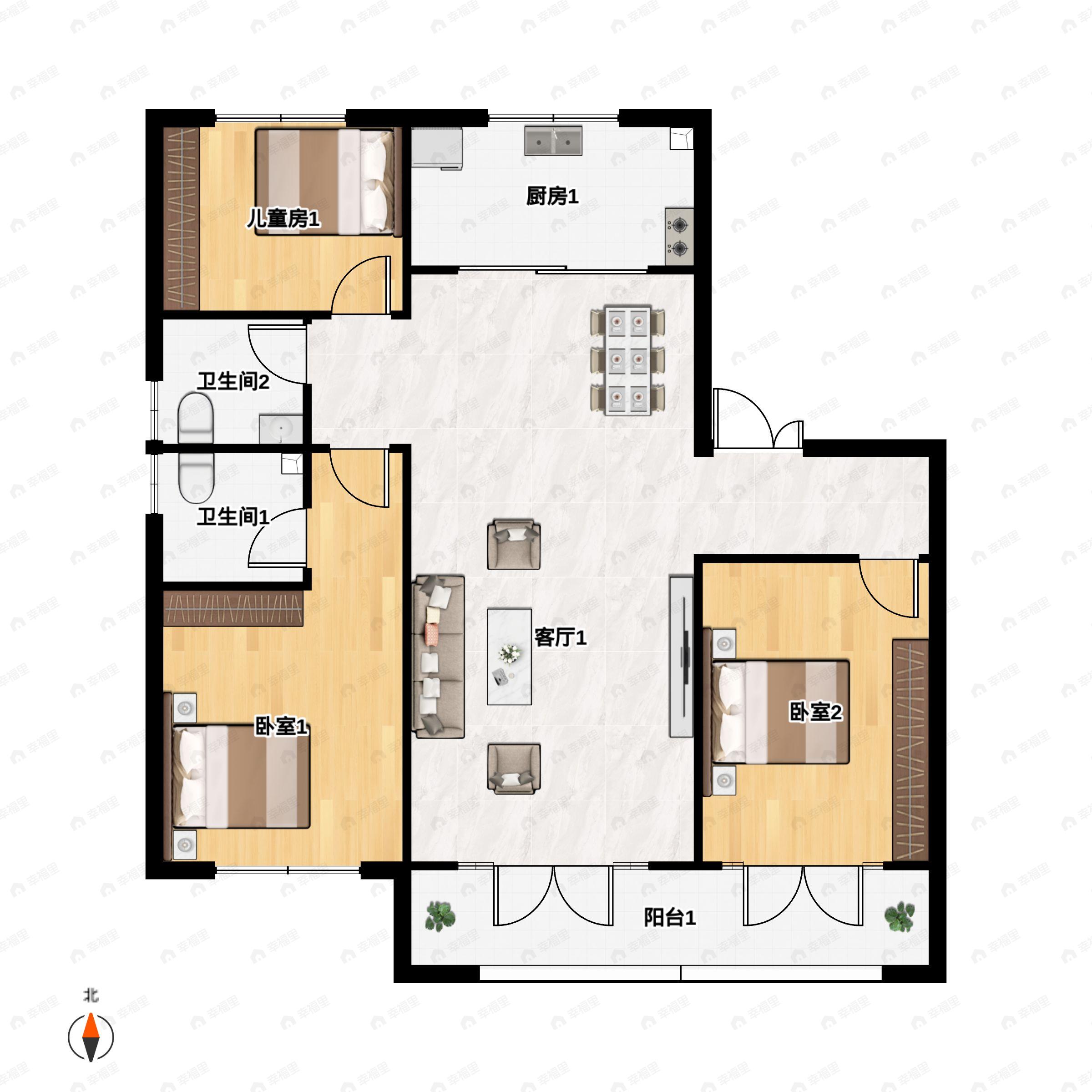 3室2厅2卫建面135平南户型图