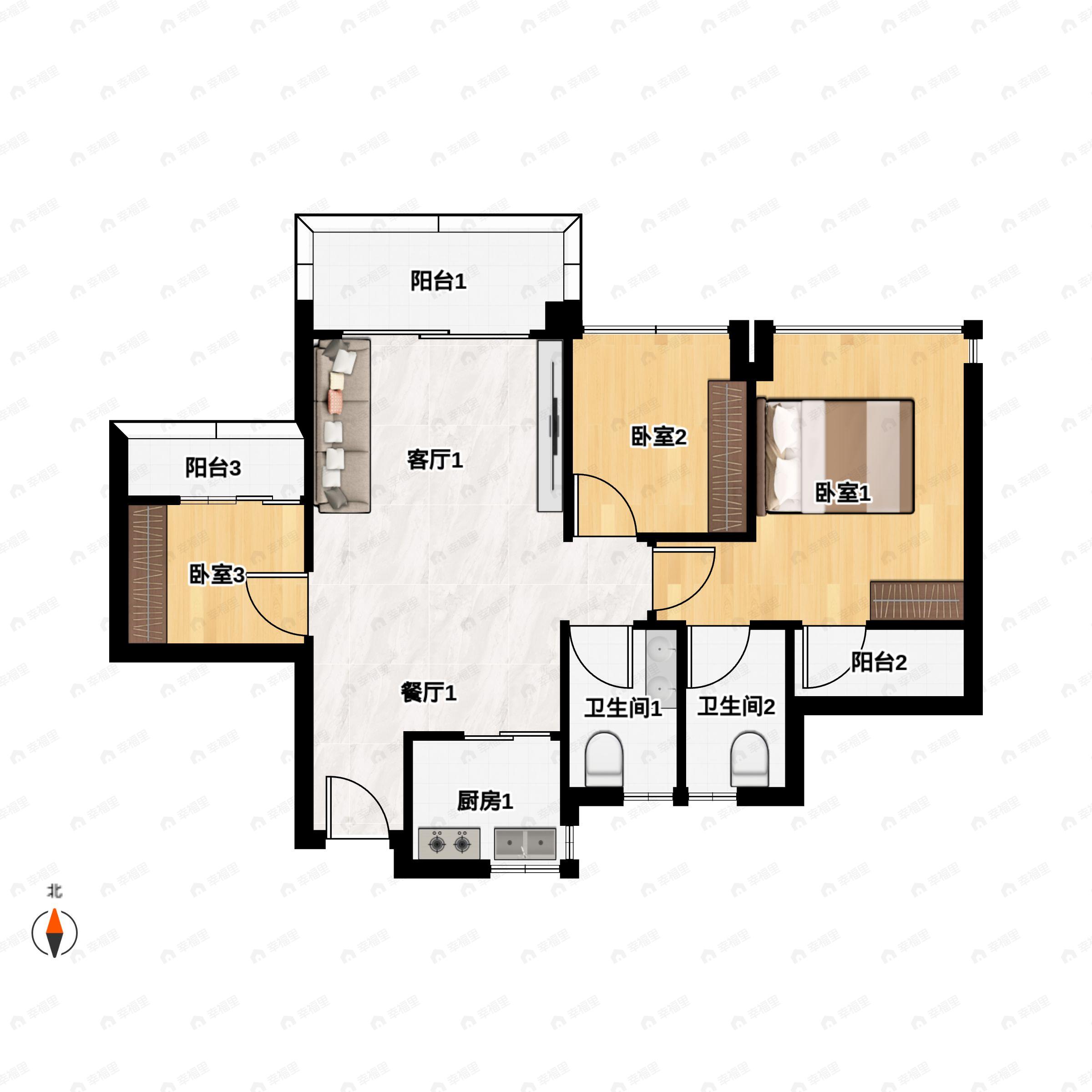 3室2厅2卫建面87m²南|北户型图