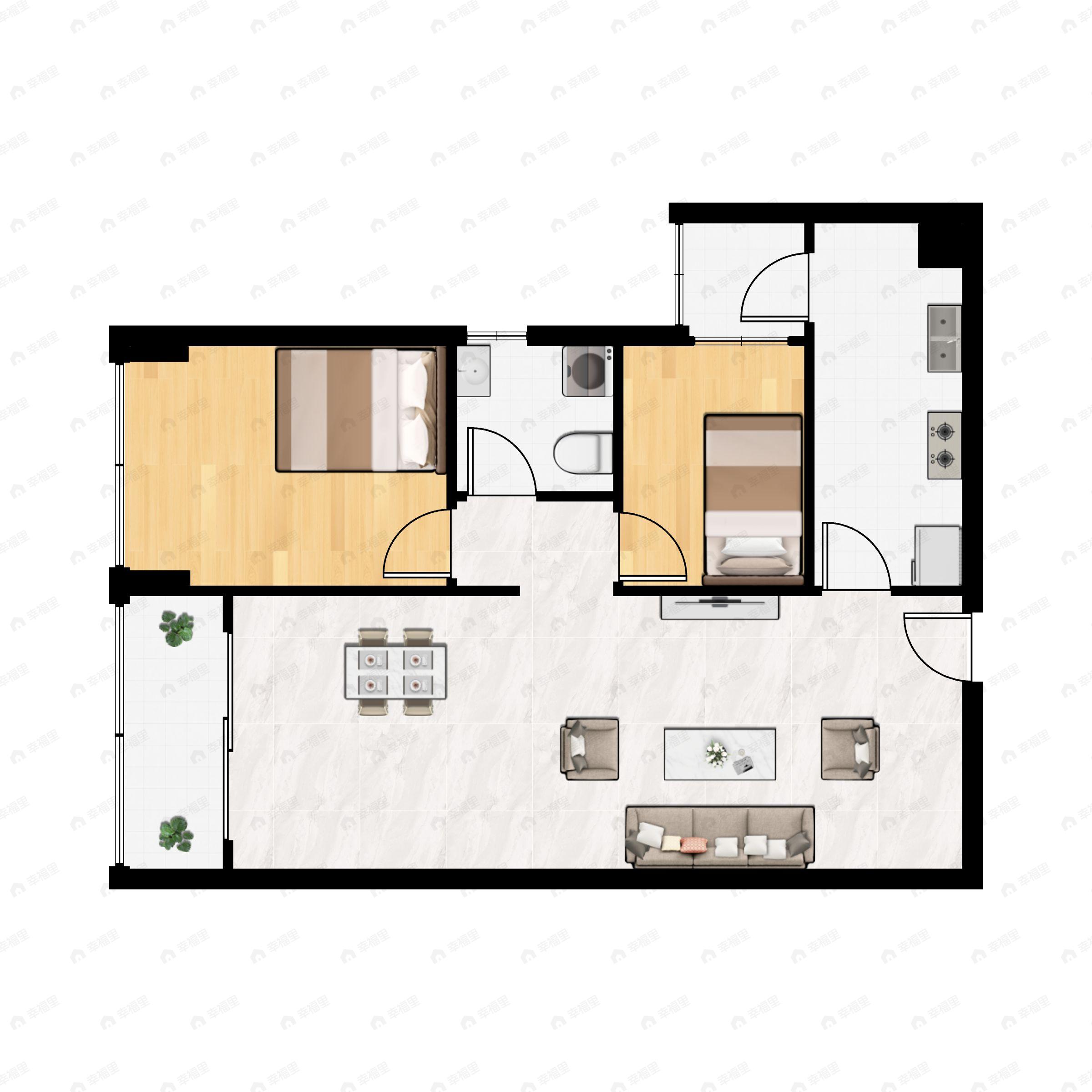 2室2厅1卫建面78平西|西北户型图